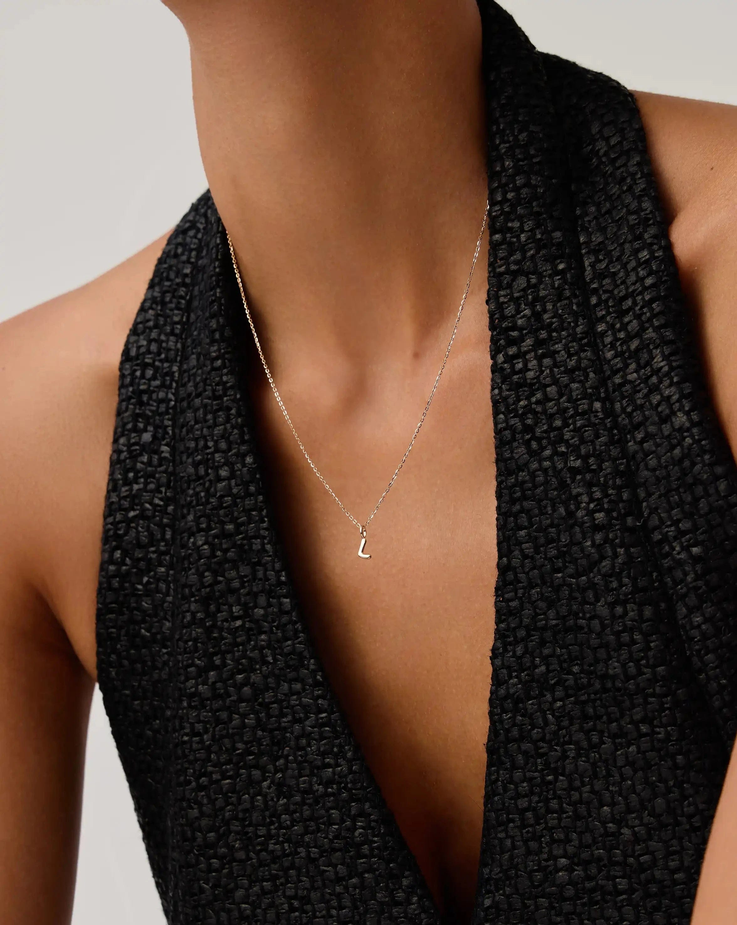Initial Solid Gold Initial Mini Pendant Necklace - L | 14ct Solid Gold