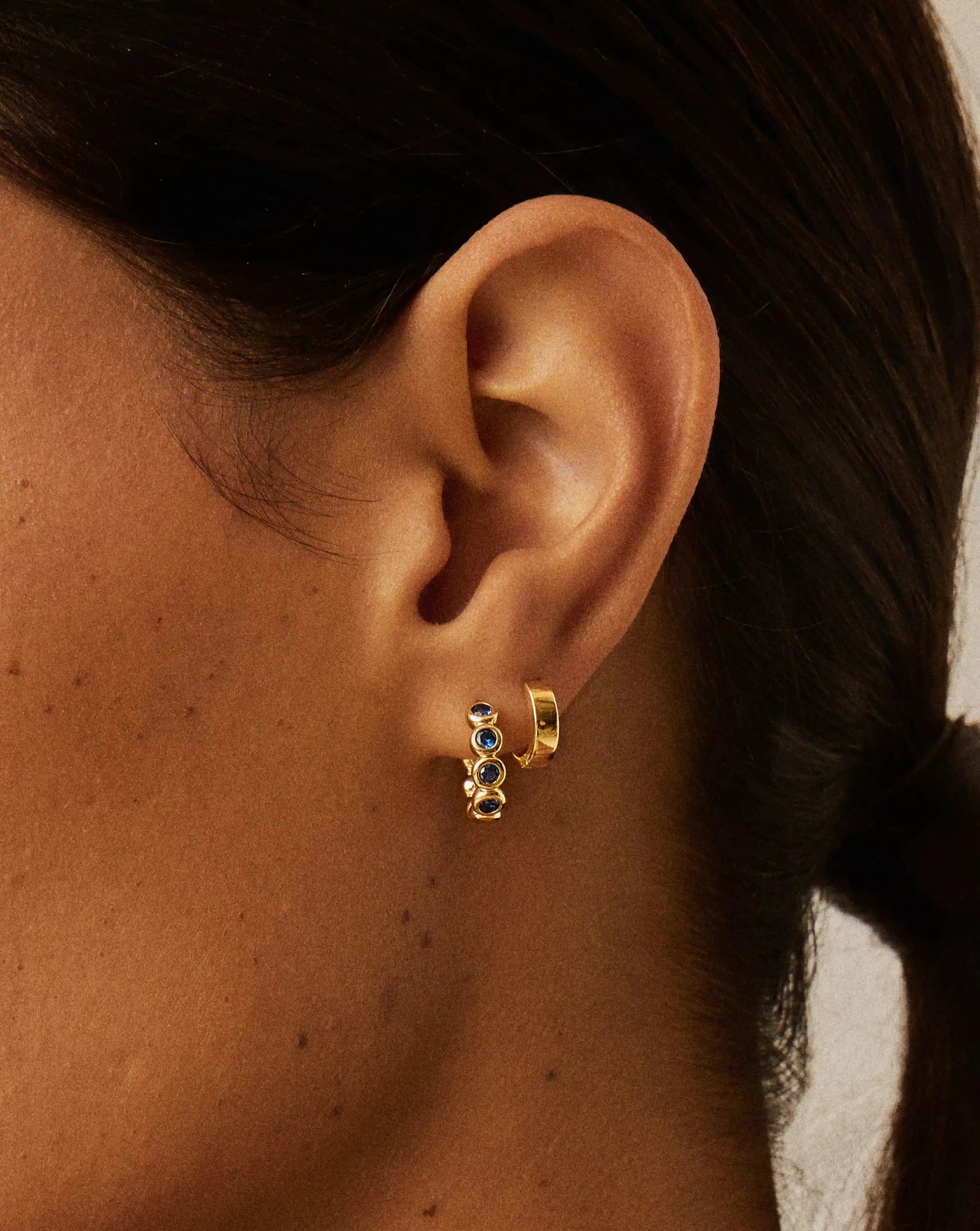 Blue Tennis Small Hoop Earrings | 18ct Gold Vermeil/Sapphire Blue Nano - crystal