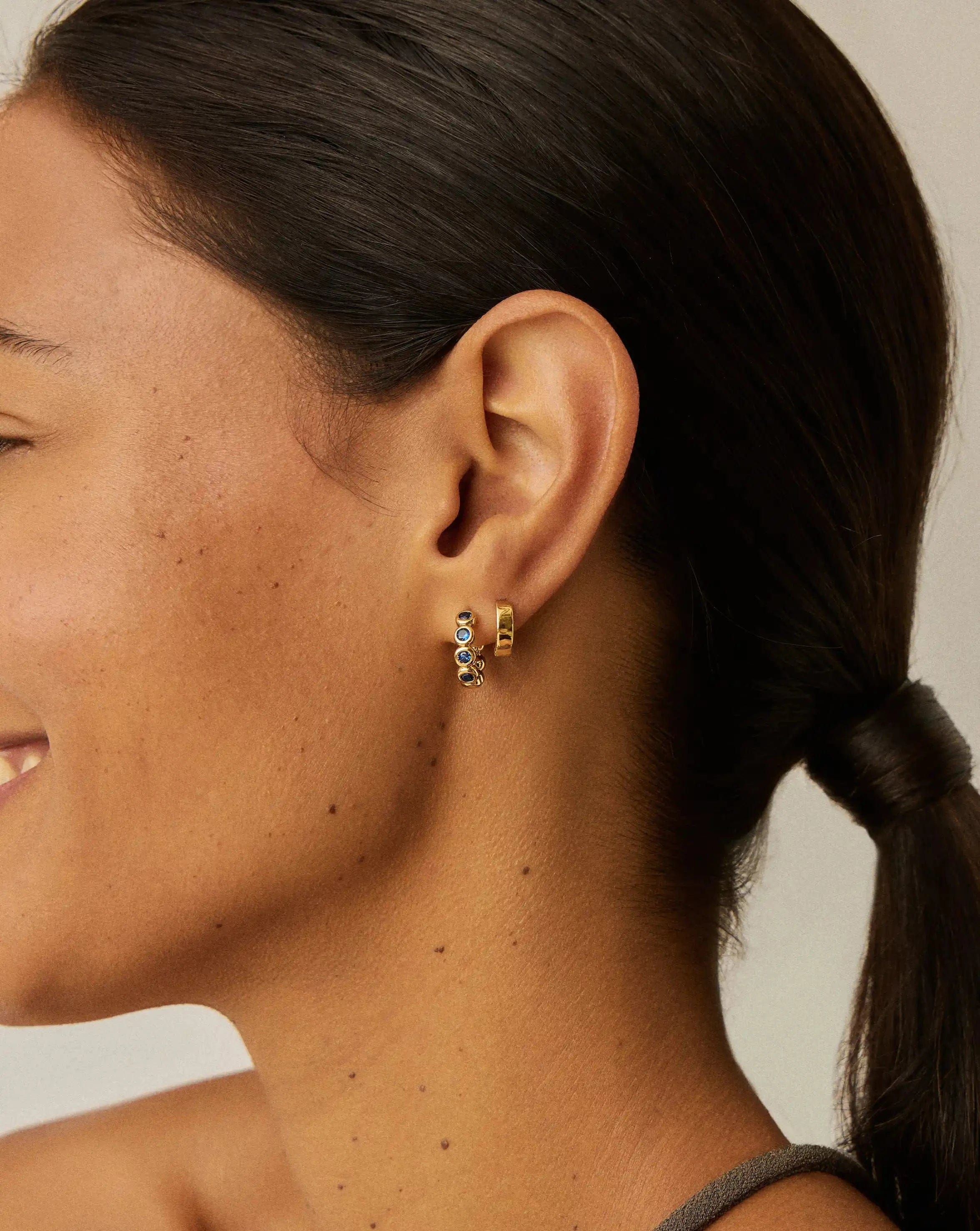 Blue Tennis Small Hoop Earrings | 18ct Gold Vermeil/Sapphire Blue Nano - crystal