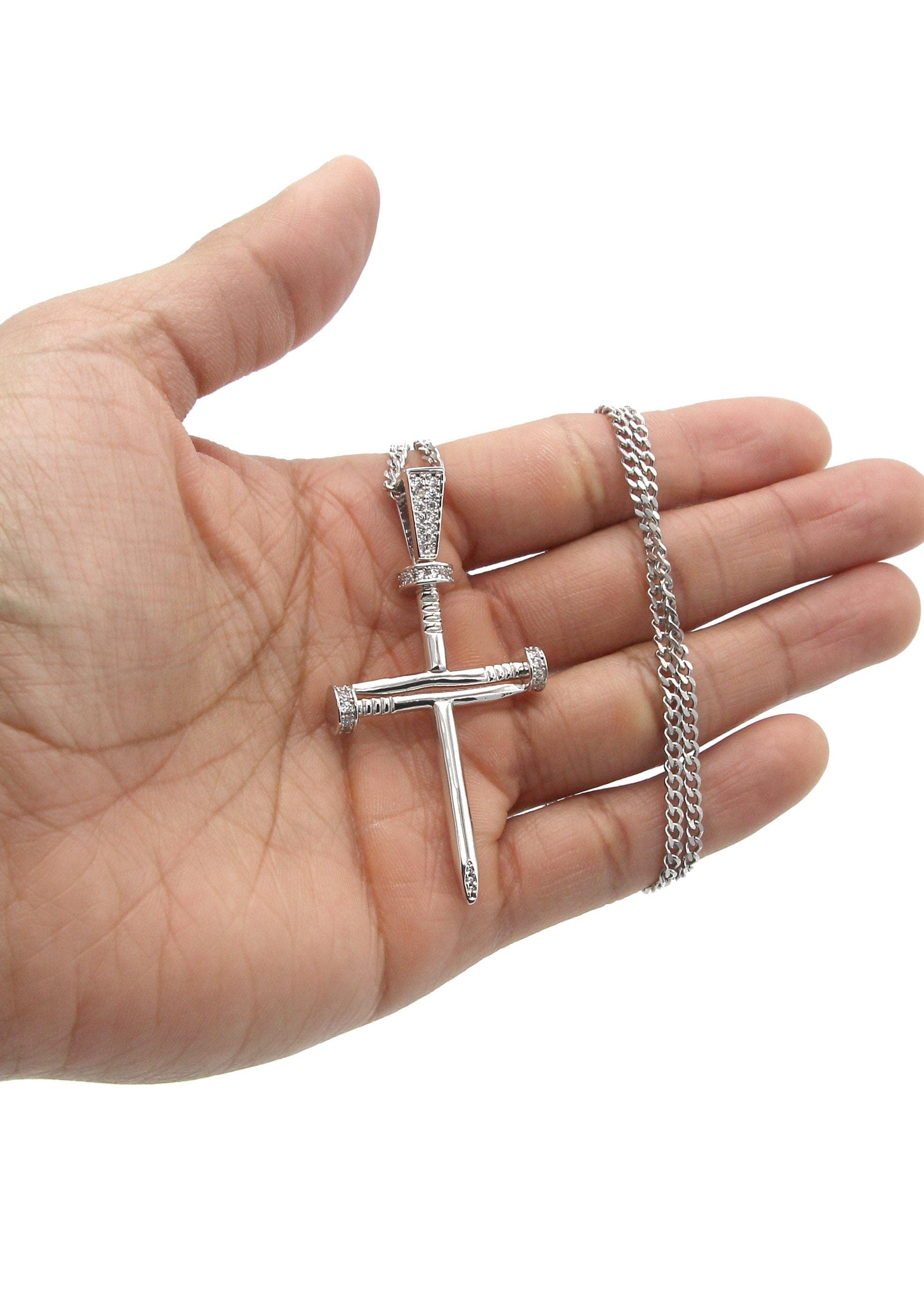 Manufacturer 30 White Gold Plated Cuban Link Chain & Cross Pendant | Appx. 14.5 Grams