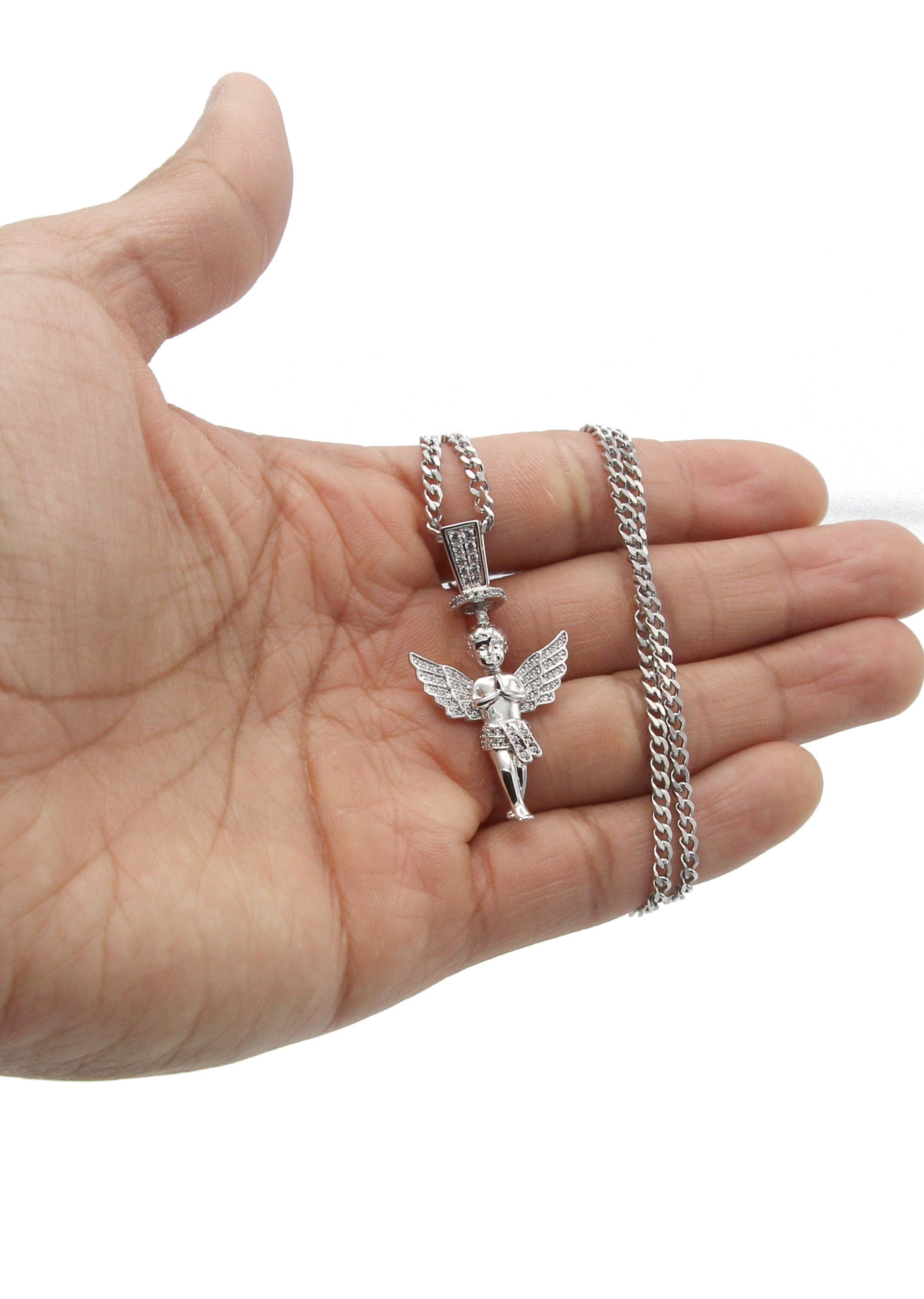 Manufacturer 30 White Gold Plated Cuban Link Chain & Angel Pendant | Appx. 14.2 Grams