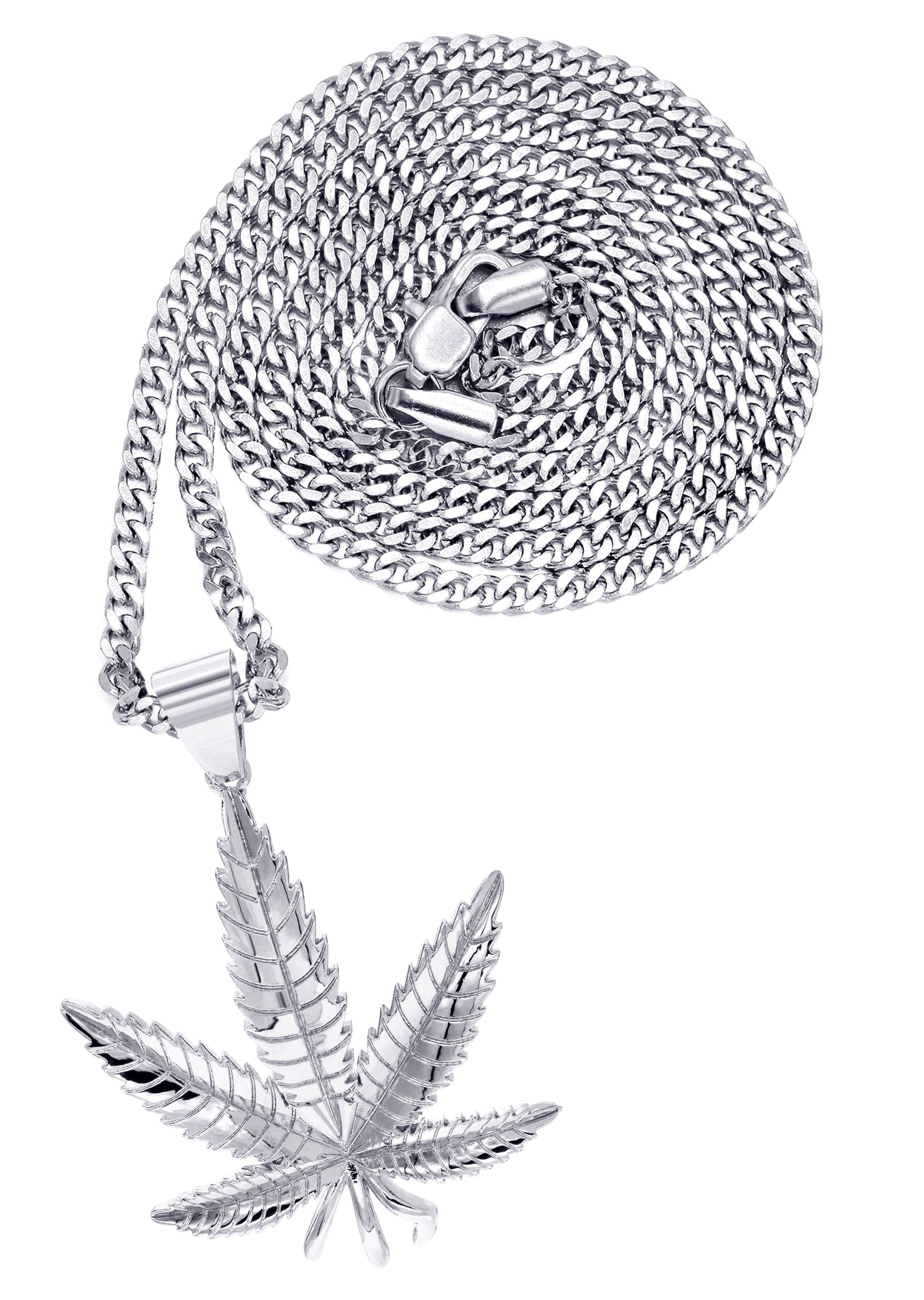 Manufacturer 30 White Gold Plated Cuban Link Chain & Marihuana Leaf Pendant | Appx. 17.4 Grams