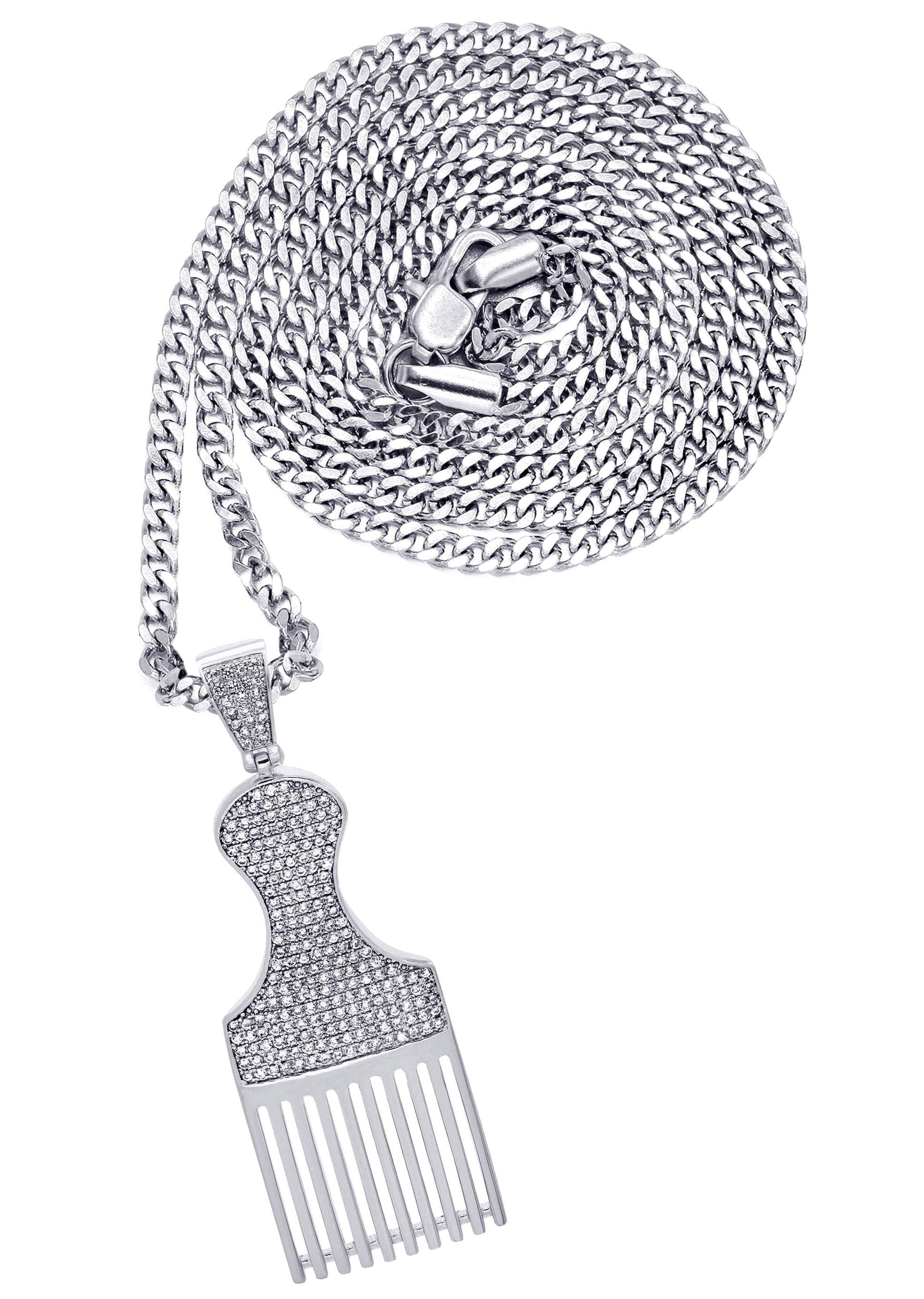 Manufacturer 30 White Gold Plated Cuban Link Chain & Comb Pendant | Appx. 18 Grams