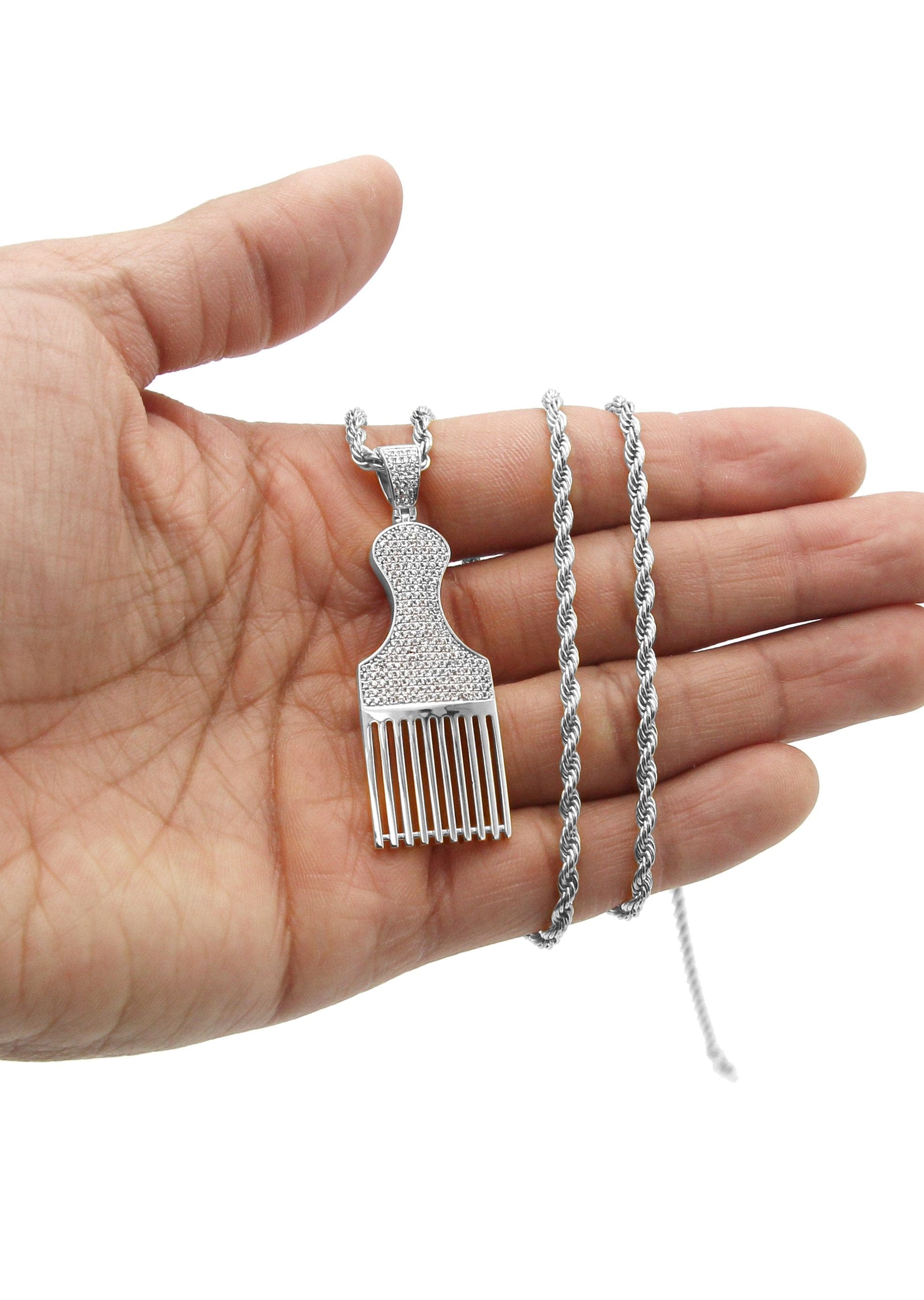 Manufacturer 30 White Gold Plated Cuban Link Chain & Comb Pendant | Appx. 18 Grams