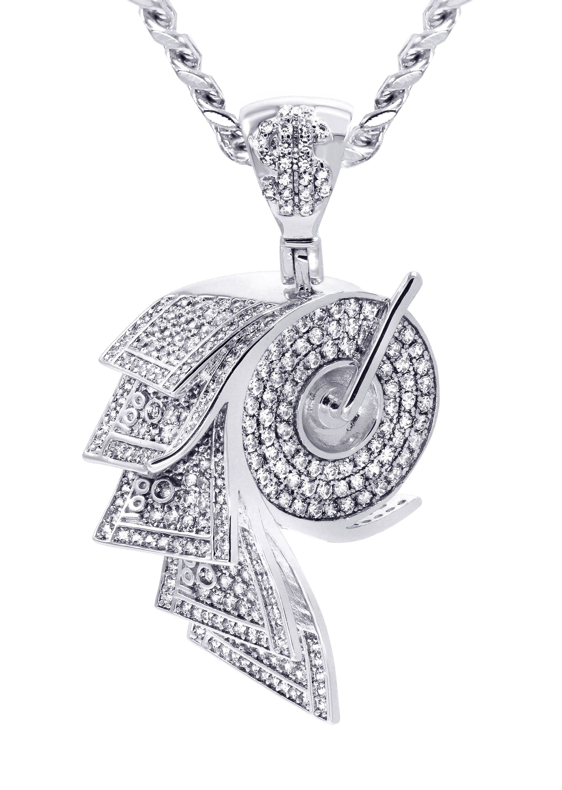 Manufacturer 30 White Gold Plated Cuban Link Chain & Money Roll Pendant | Appx. 18 Grams