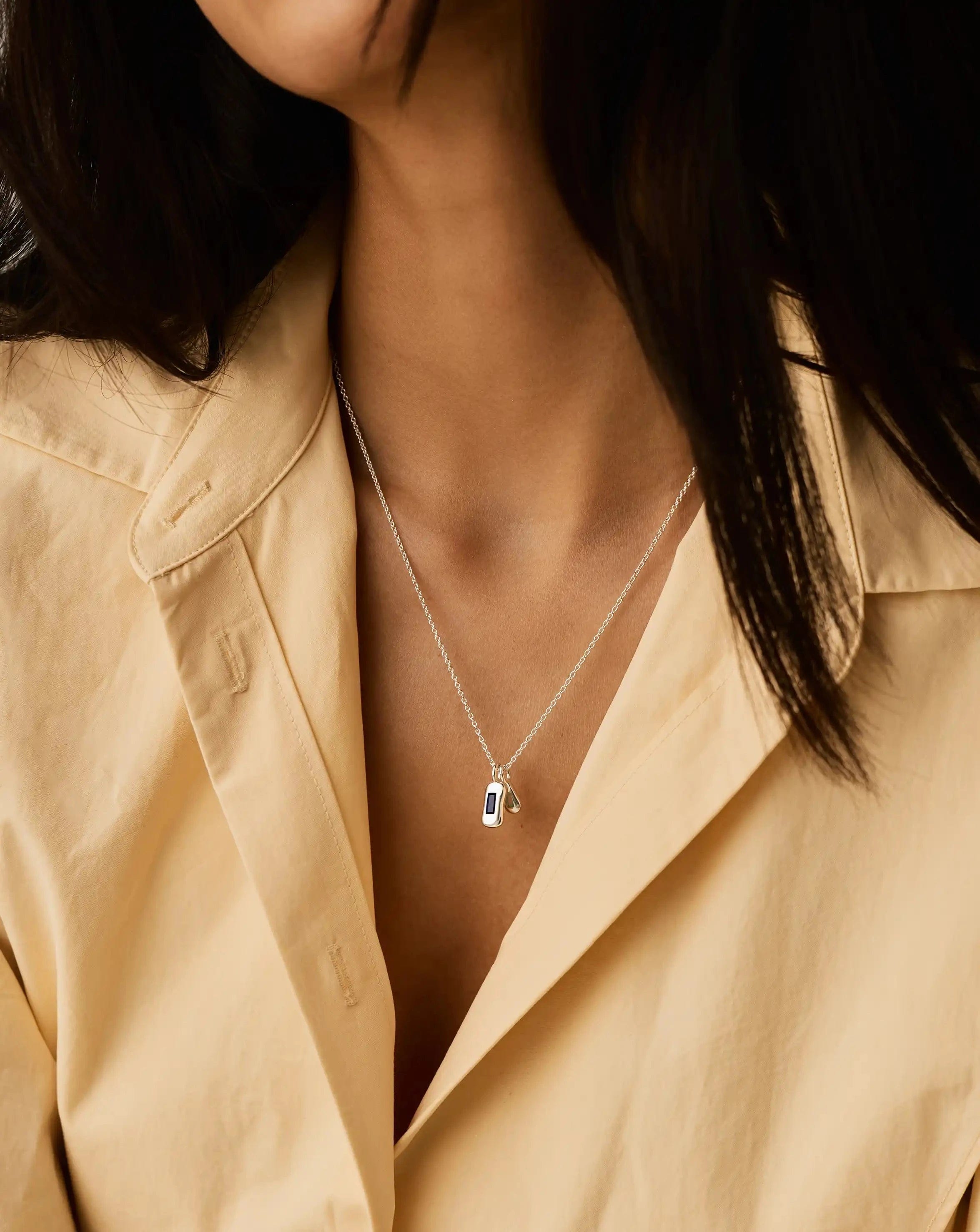 Lab Grown Molten Gemstone Bean Pendant Necklace | Silver Plated/Blue Onyx and Lab Grown Sapphire