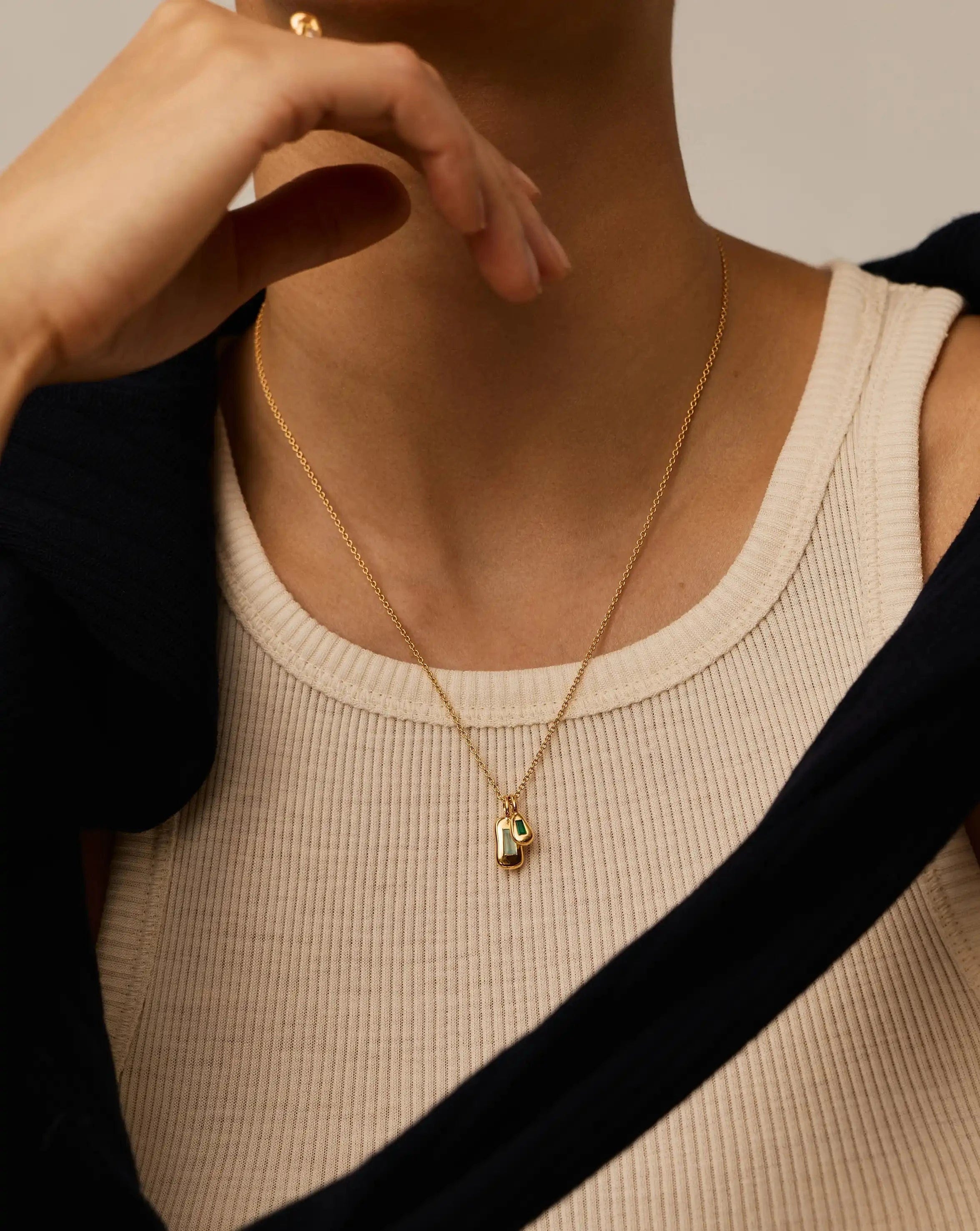 Blue Molten Gemstone Bean Pendant Necklace | 18ct Gold Plated/Blue and Green Onyx