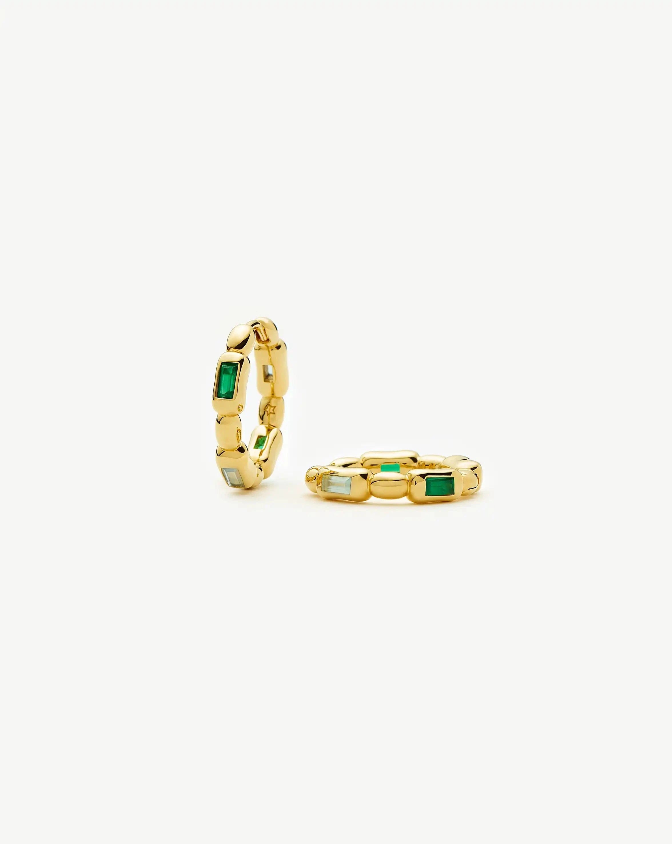 Blue Molten Gemstone Baguette Small Hoop Earrings | 18ct Gold Plated/Blue and Green Onyx