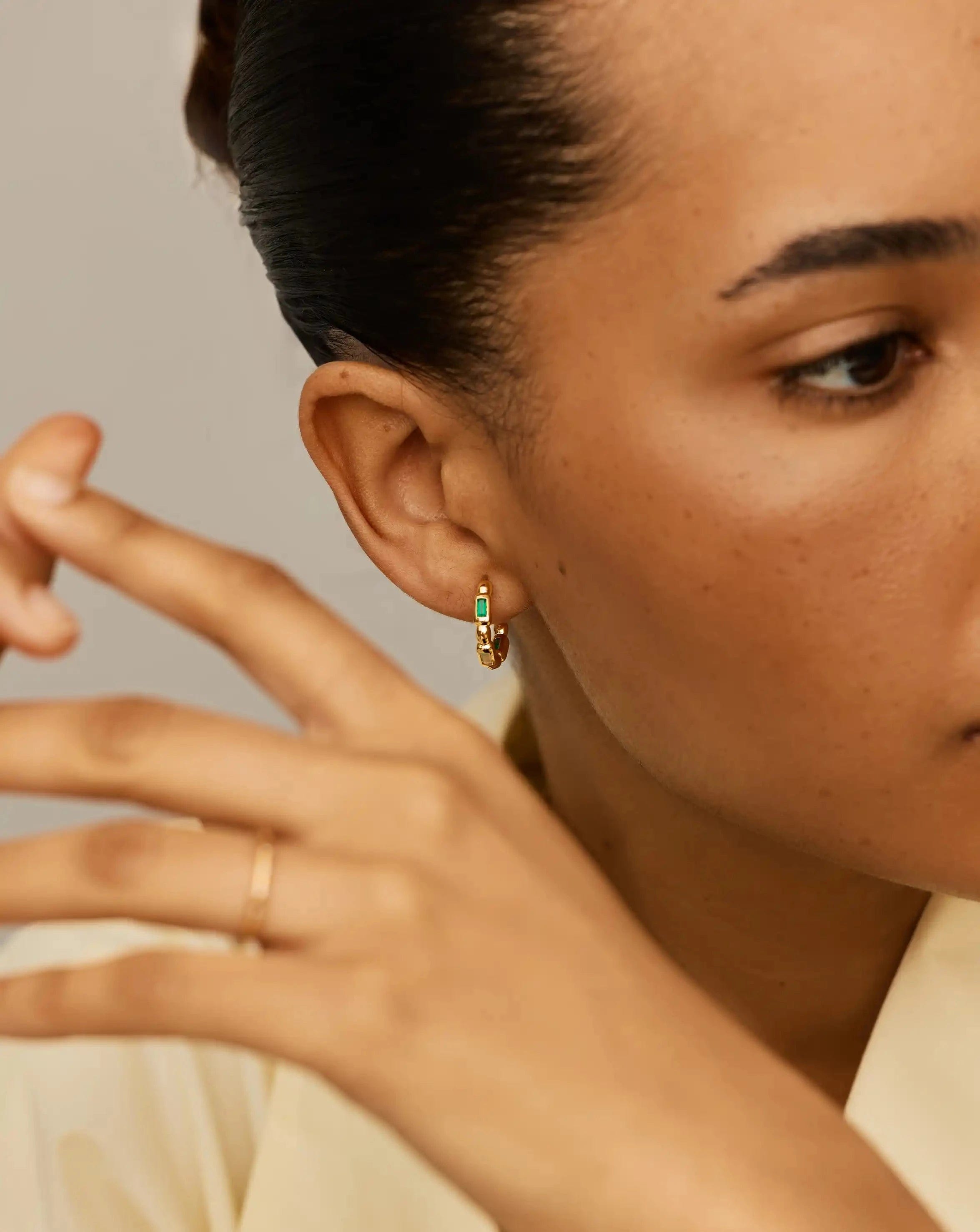 Blue Molten Gemstone Baguette Small Hoop Earrings | 18ct Gold Plated/Blue and Green Onyx