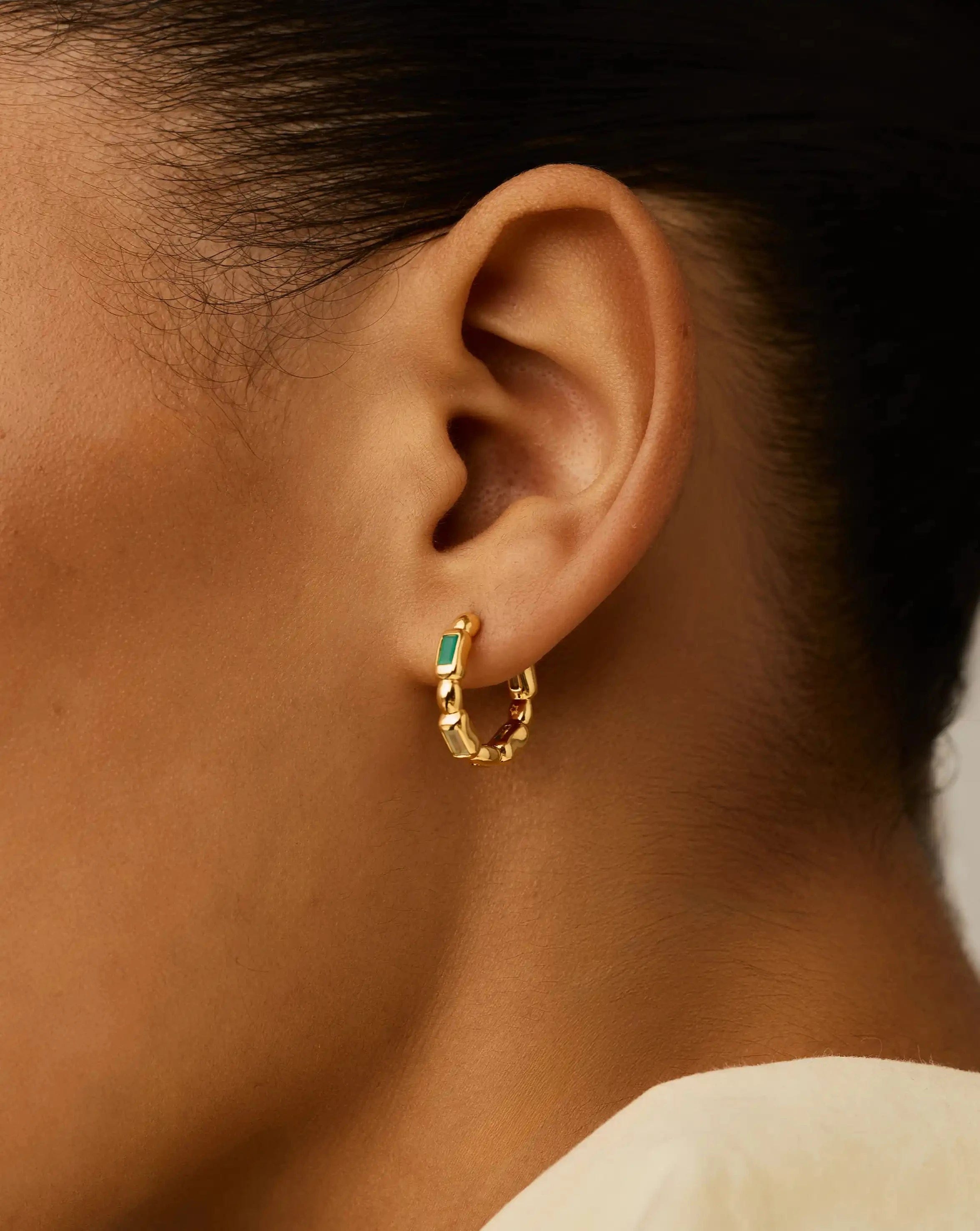 Blue Molten Gemstone Baguette Small Hoop Earrings | 18ct Gold Plated/Blue and Green Onyx