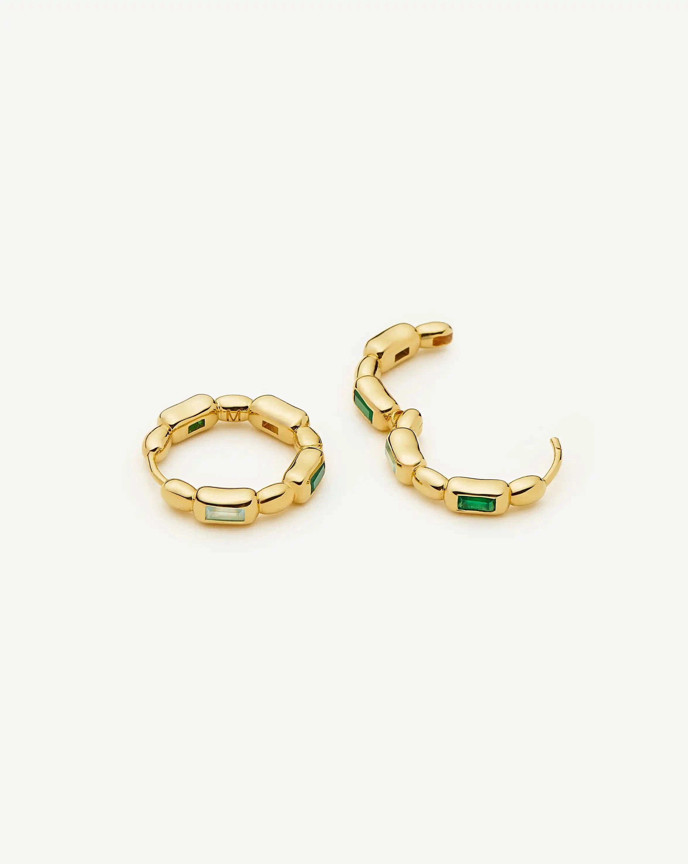 Blue Molten Gemstone Baguette Small Hoop Earrings | 18ct Gold Plated/Blue and Green Onyx