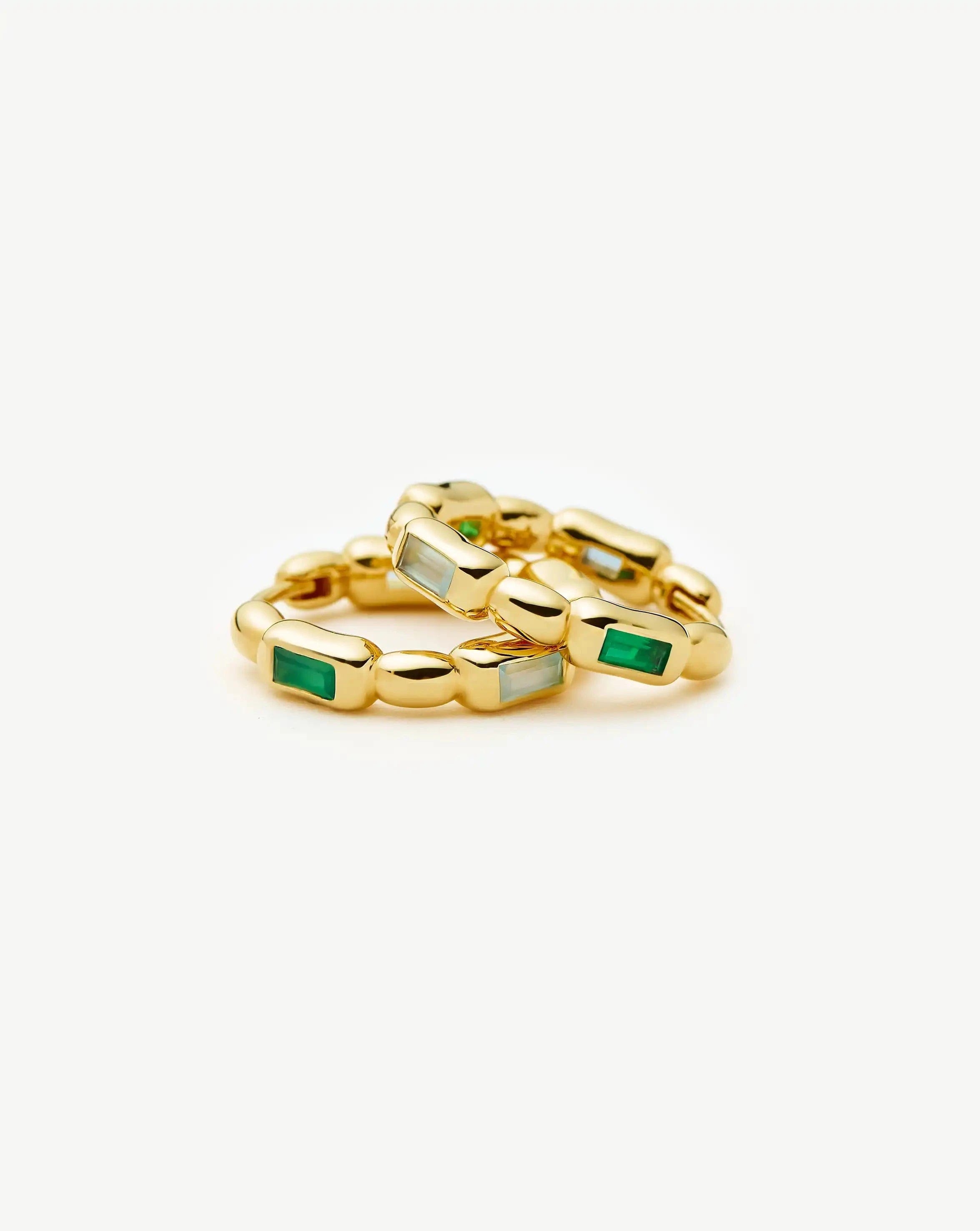 Blue Molten Gemstone Baguette Small Hoop Earrings | 18ct Gold Plated/Blue and Green Onyx