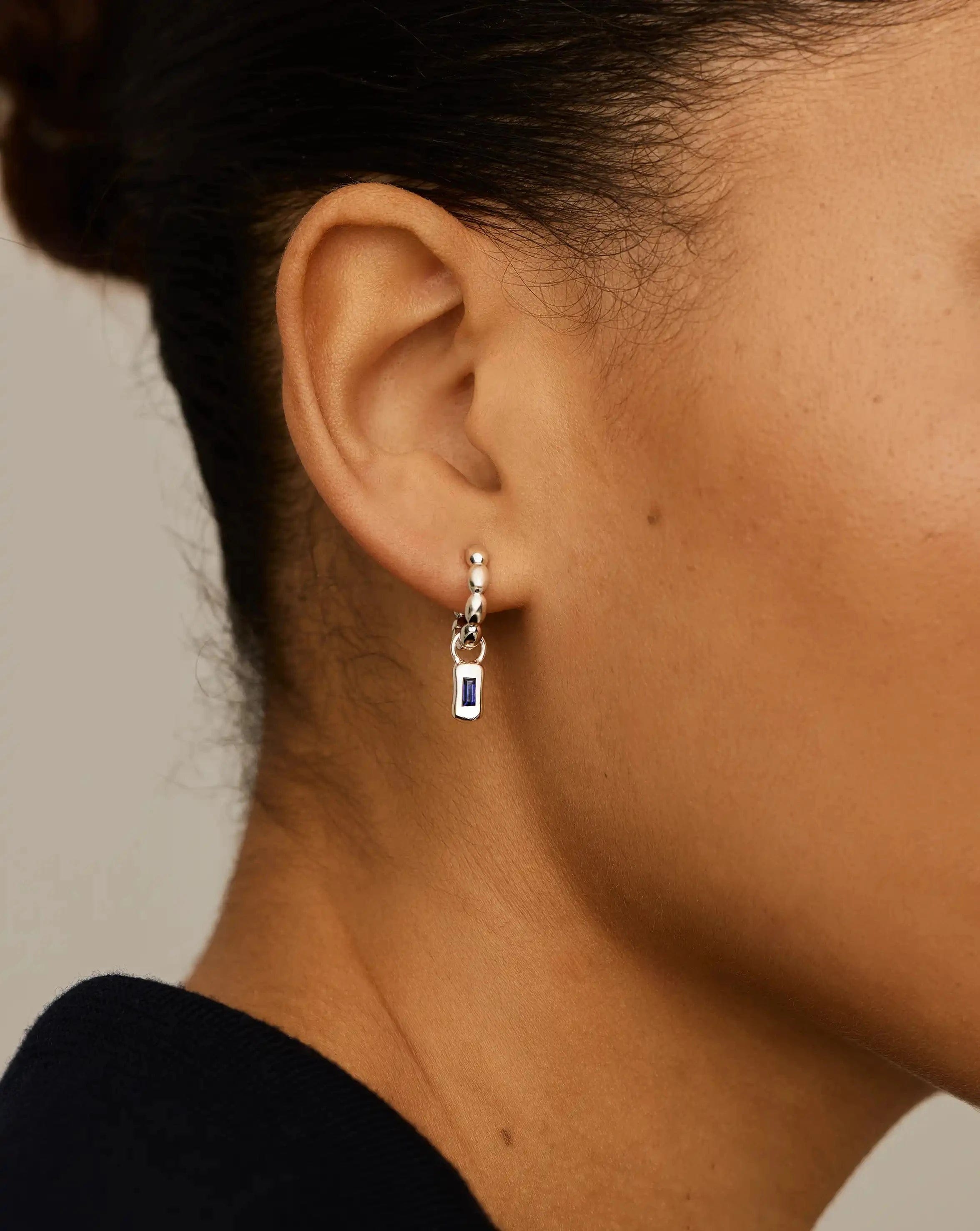 Lab Grown Molten Gemstone Charm Hoop Earrings | Silver Plated/Lab Grown Blue Sapphire