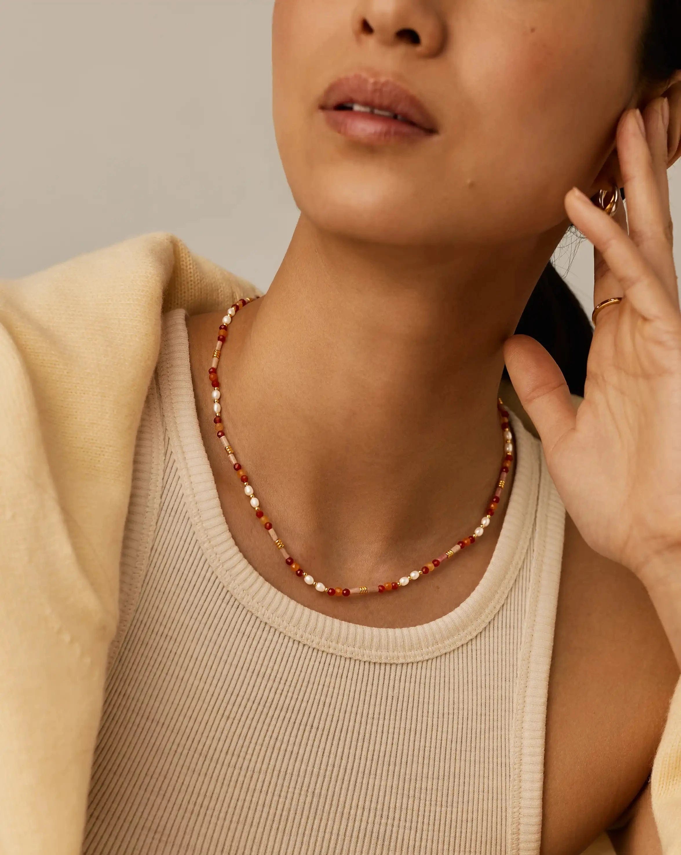 Pearl Beaded Gemstone & Pearl Short Necklace | 18ct Gold Plated/Paloma Pink