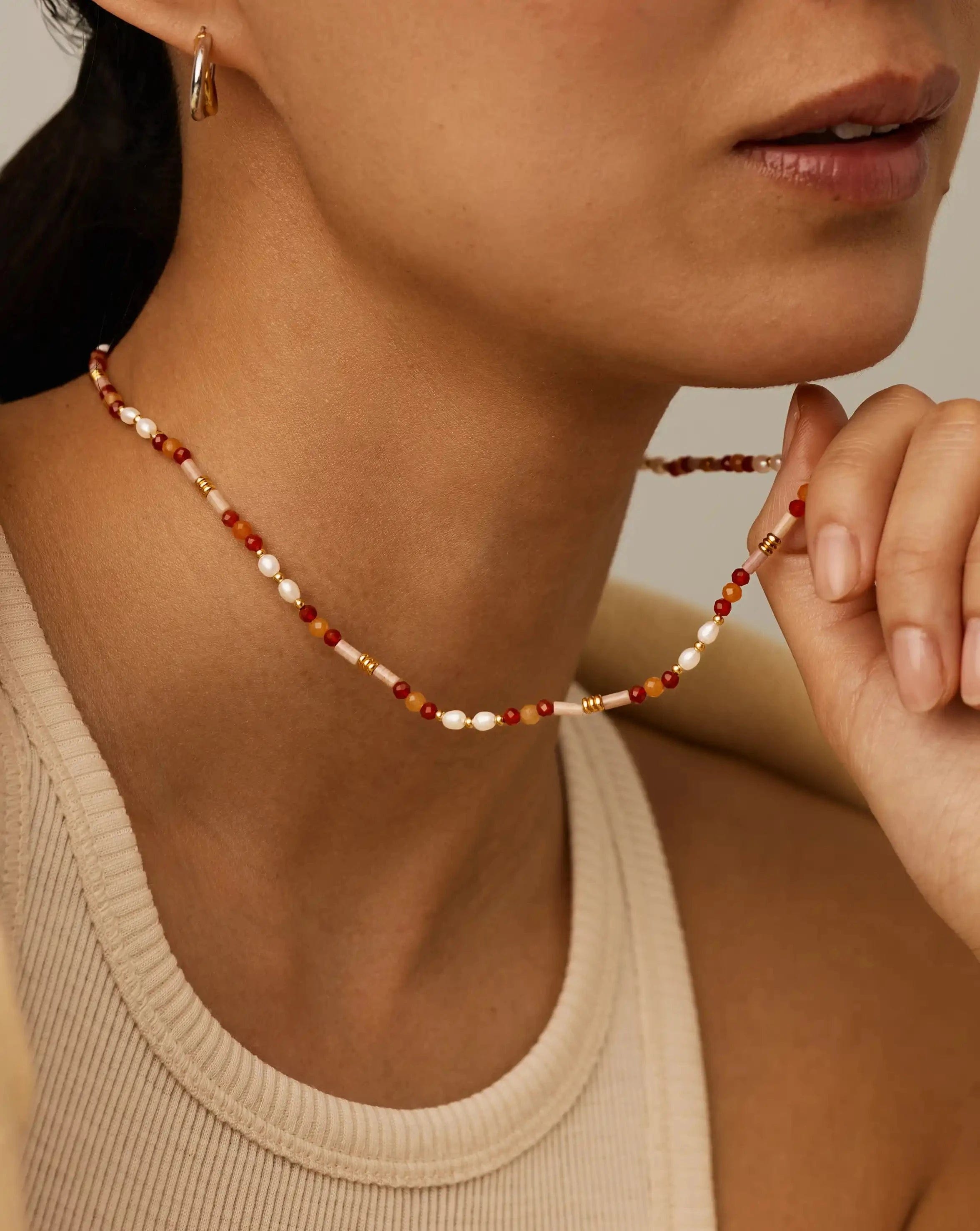 Pearl Beaded Gemstone & Pearl Short Necklace | 18ct Gold Plated/Paloma Pink