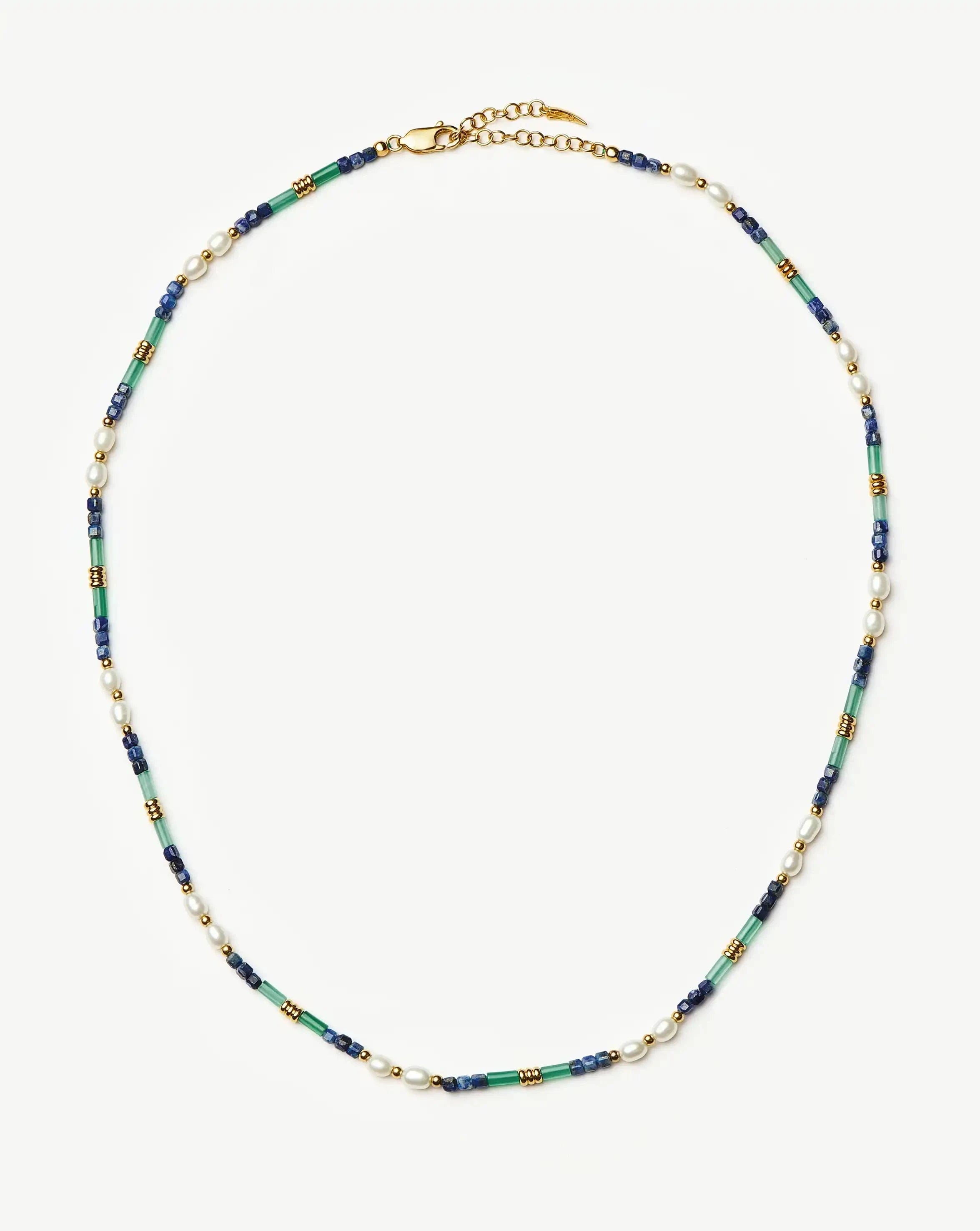 Pearl Beaded Gemstone & Pearl Short Necklace | 18ct Gold Plated/Lagoon Blue