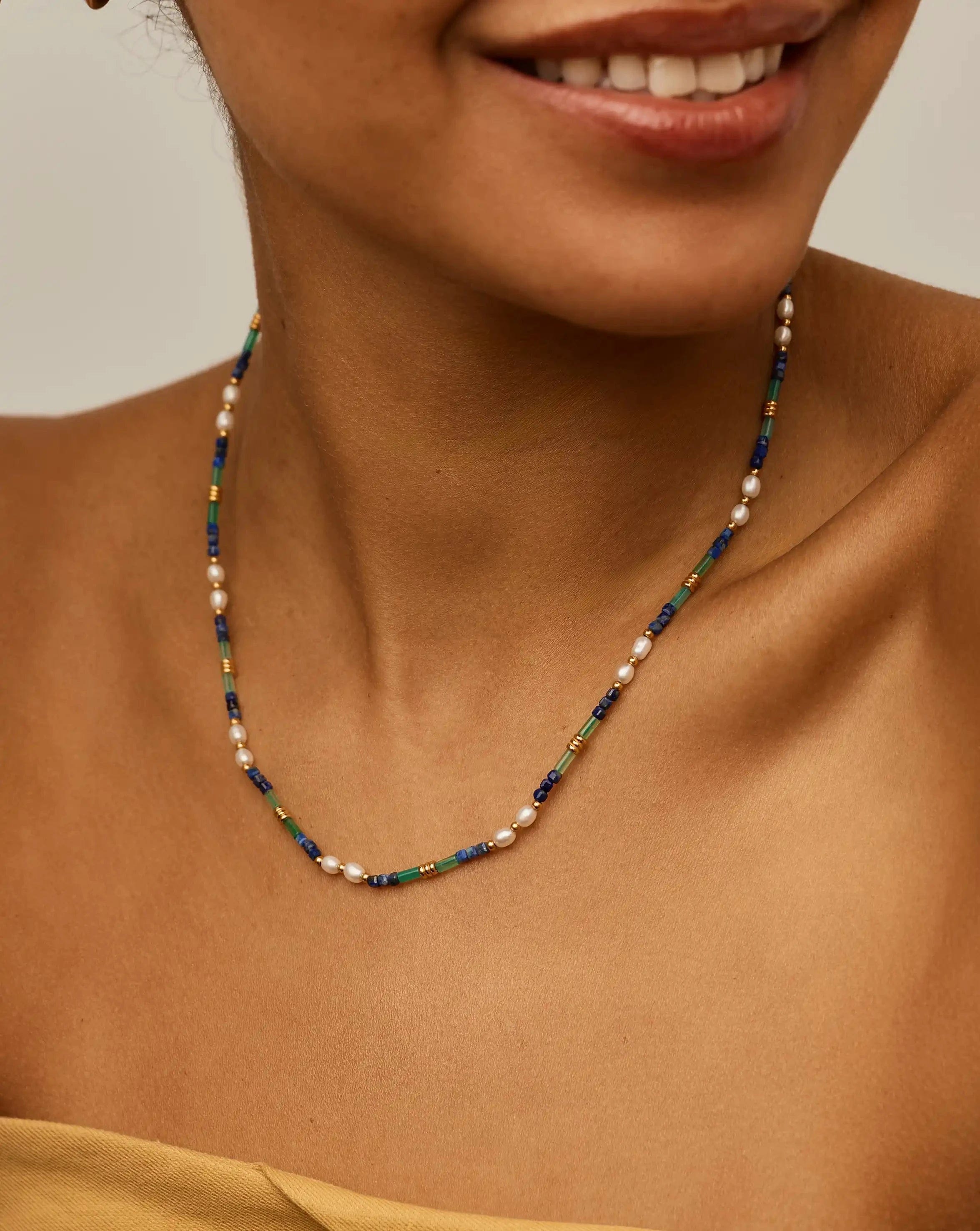 Pearl Beaded Gemstone & Pearl Short Necklace | 18ct Gold Plated/Lagoon Blue