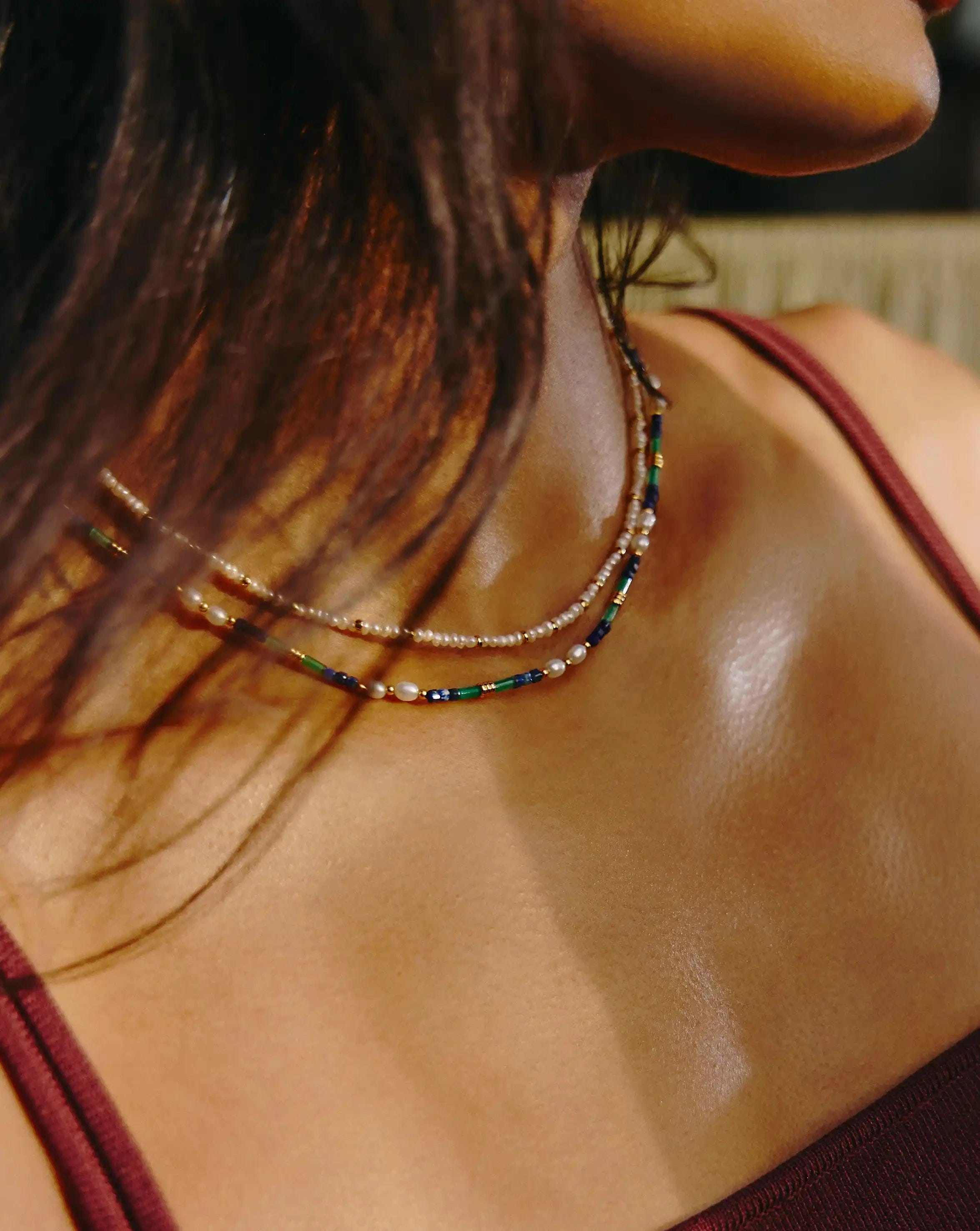 Pearl Beaded Gemstone & Pearl Short Necklace | 18ct Gold Plated/Lagoon Blue