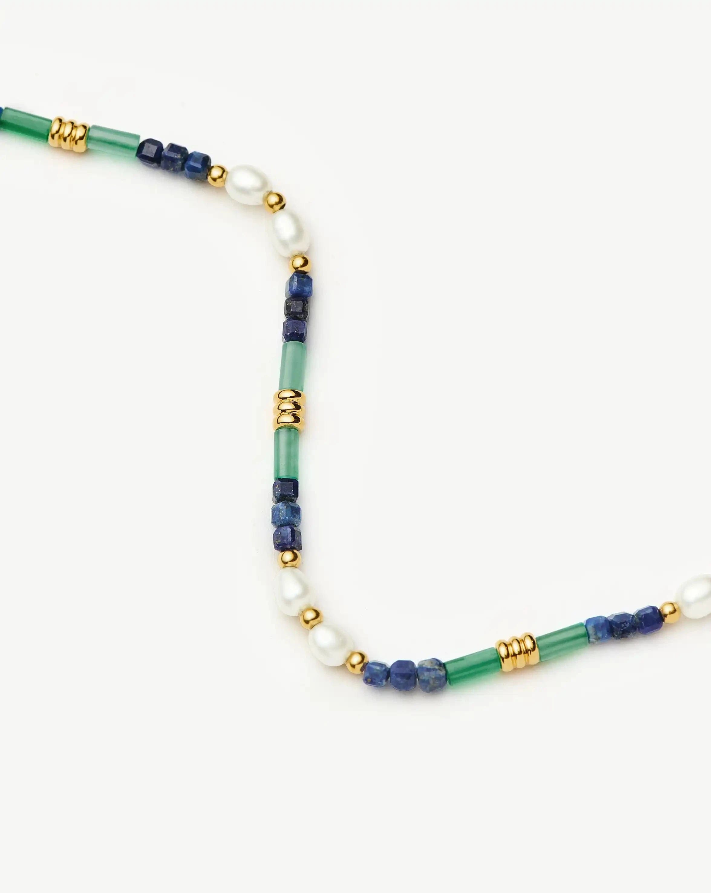 Pearl Beaded Gemstone & Pearl Short Necklace | 18ct Gold Plated/Lagoon Blue