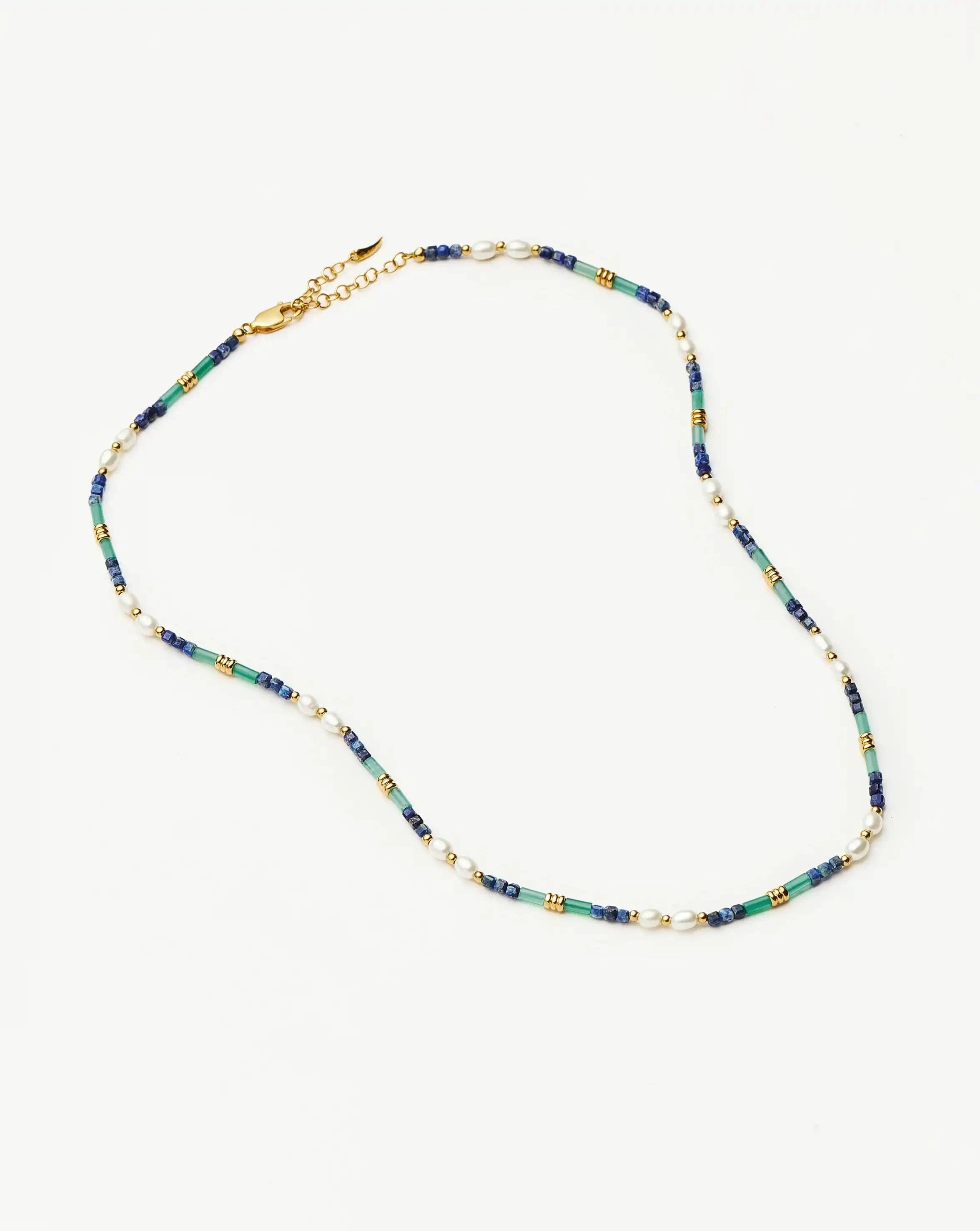 Pearl Beaded Gemstone & Pearl Short Necklace | 18ct Gold Plated/Lagoon Blue