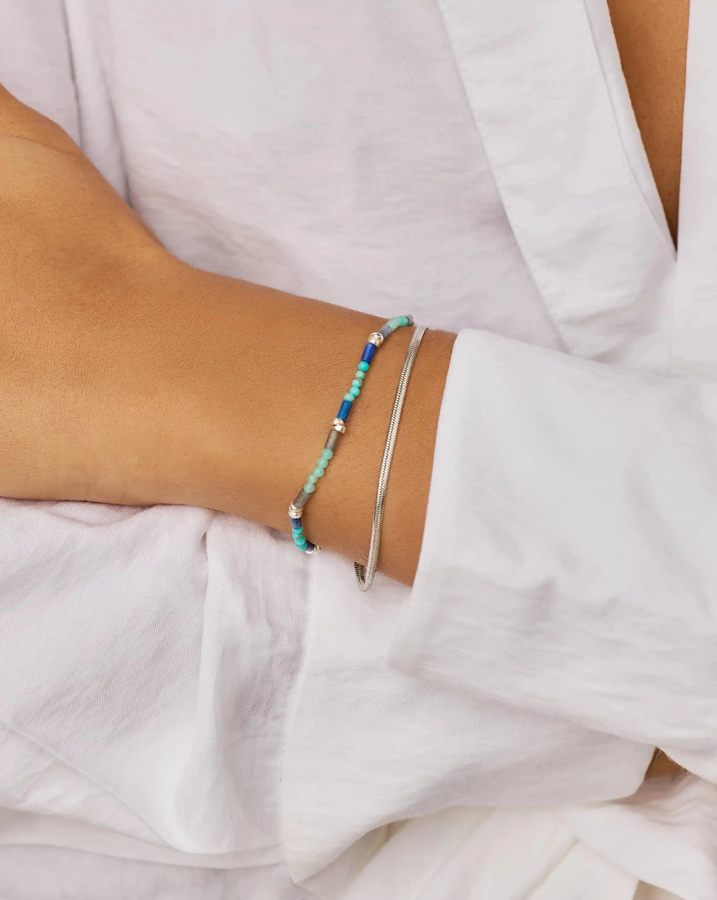 Blue Beaded Gemstone Bracelet | Silver Plated/Lagoon Blue