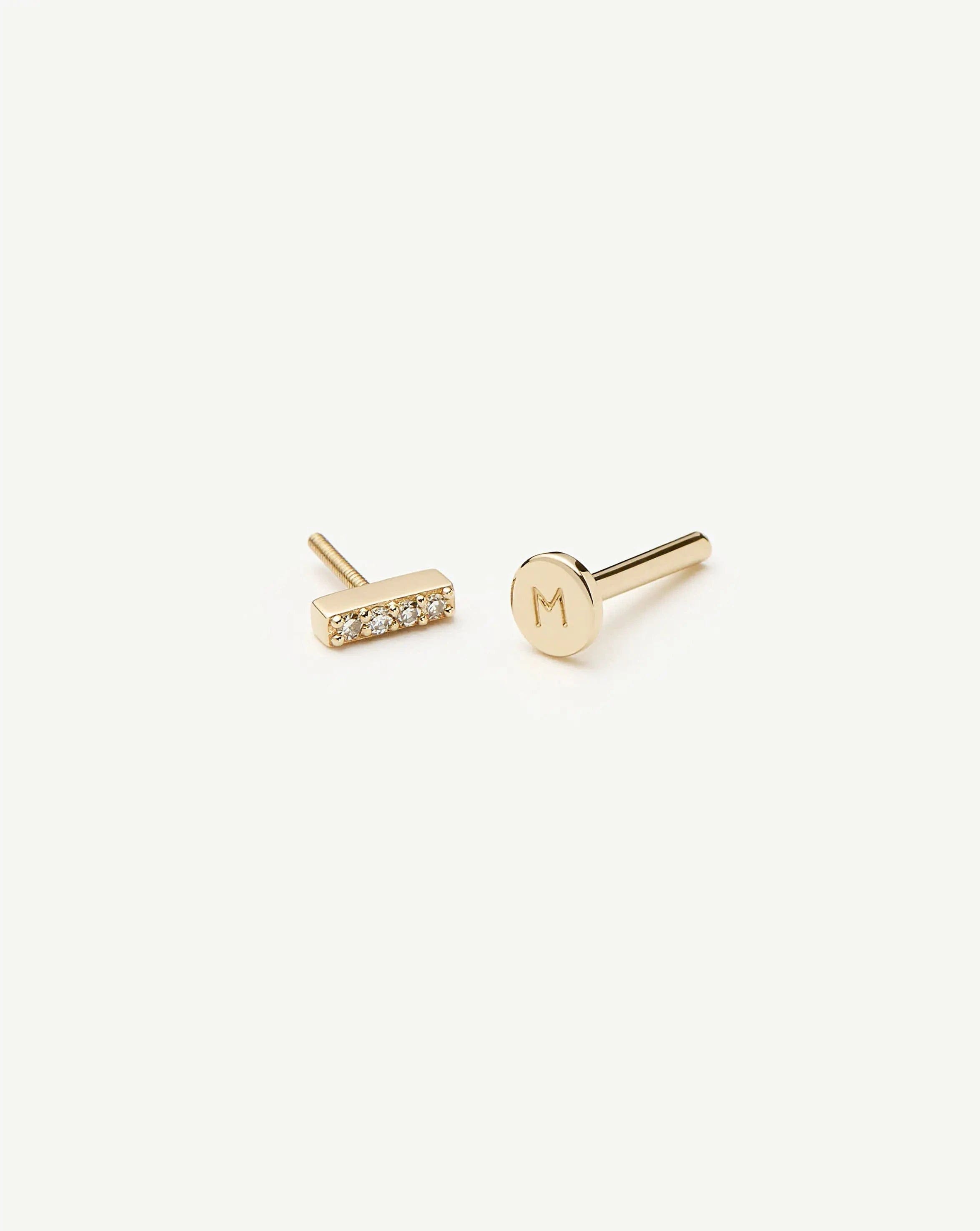 Diamond Solid Gold Diamond Bar Flat Back Stud Earring | 14ct Yellow Gold/Diamond