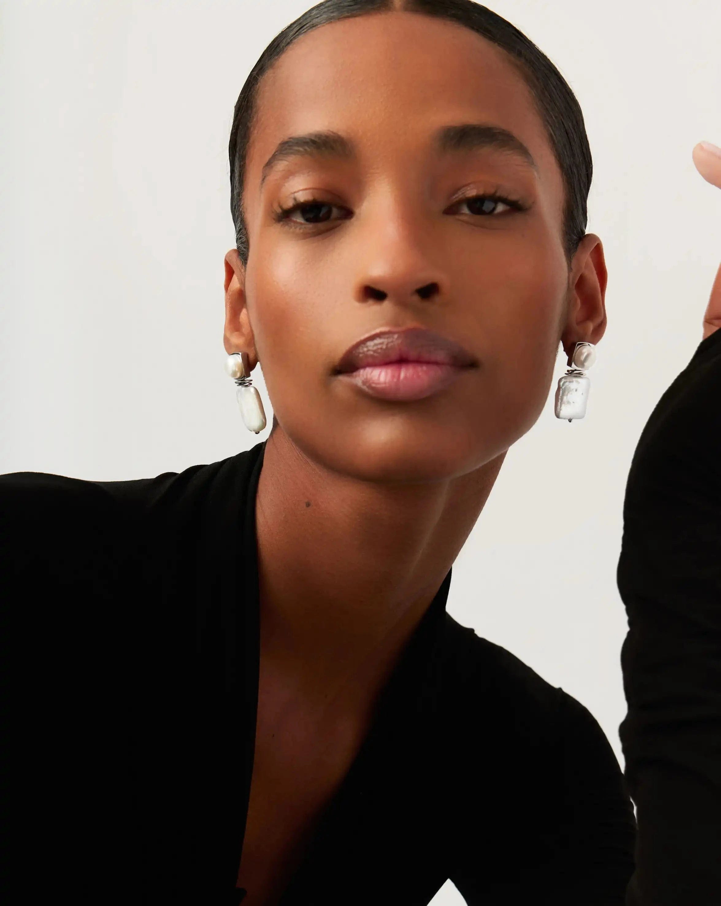 Pearl Square Pearl Statement Earrings | Silver Plated/Pearl