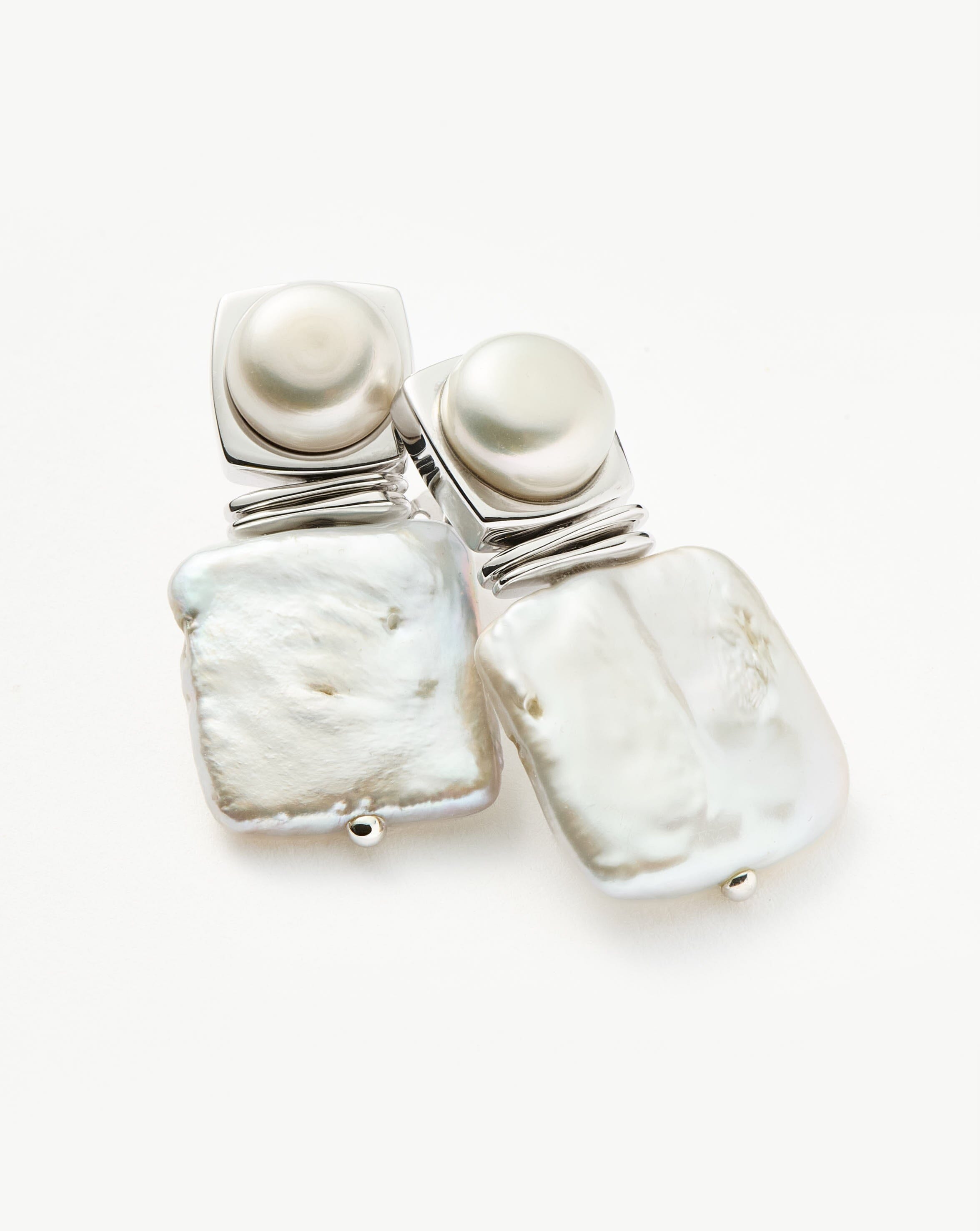 Pearl Square Pearl Statement Earrings | Silver Plated/Pearl