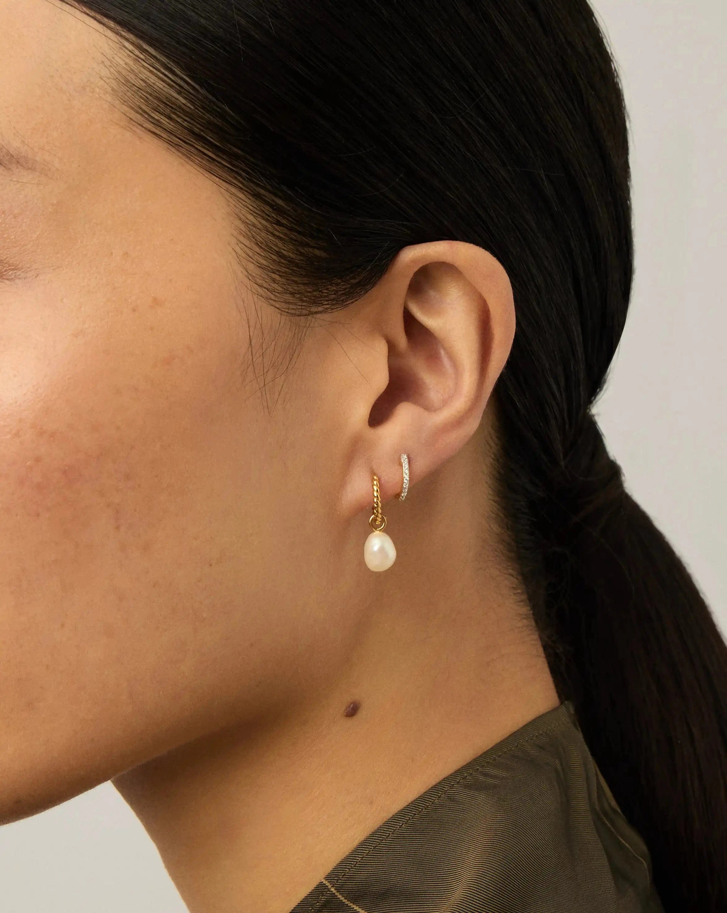 Pearl Twisted Small Drop Hoop Earrings | Gold Plated Vermeil/Pearl