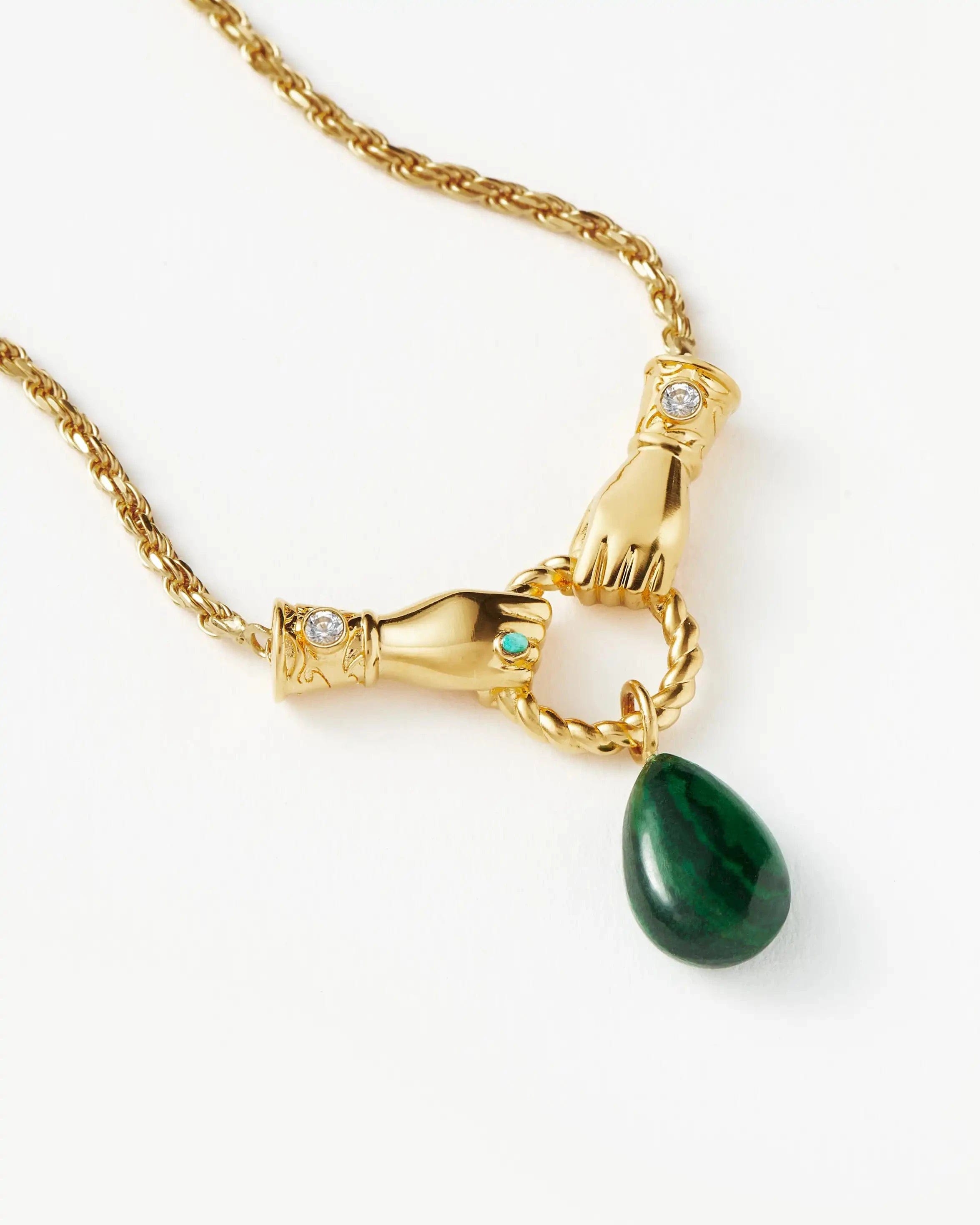 Pearl Harris Reed In Good Hands Drop Pendant Necklace | 18ct Gold Plated/Malachite & Pearl