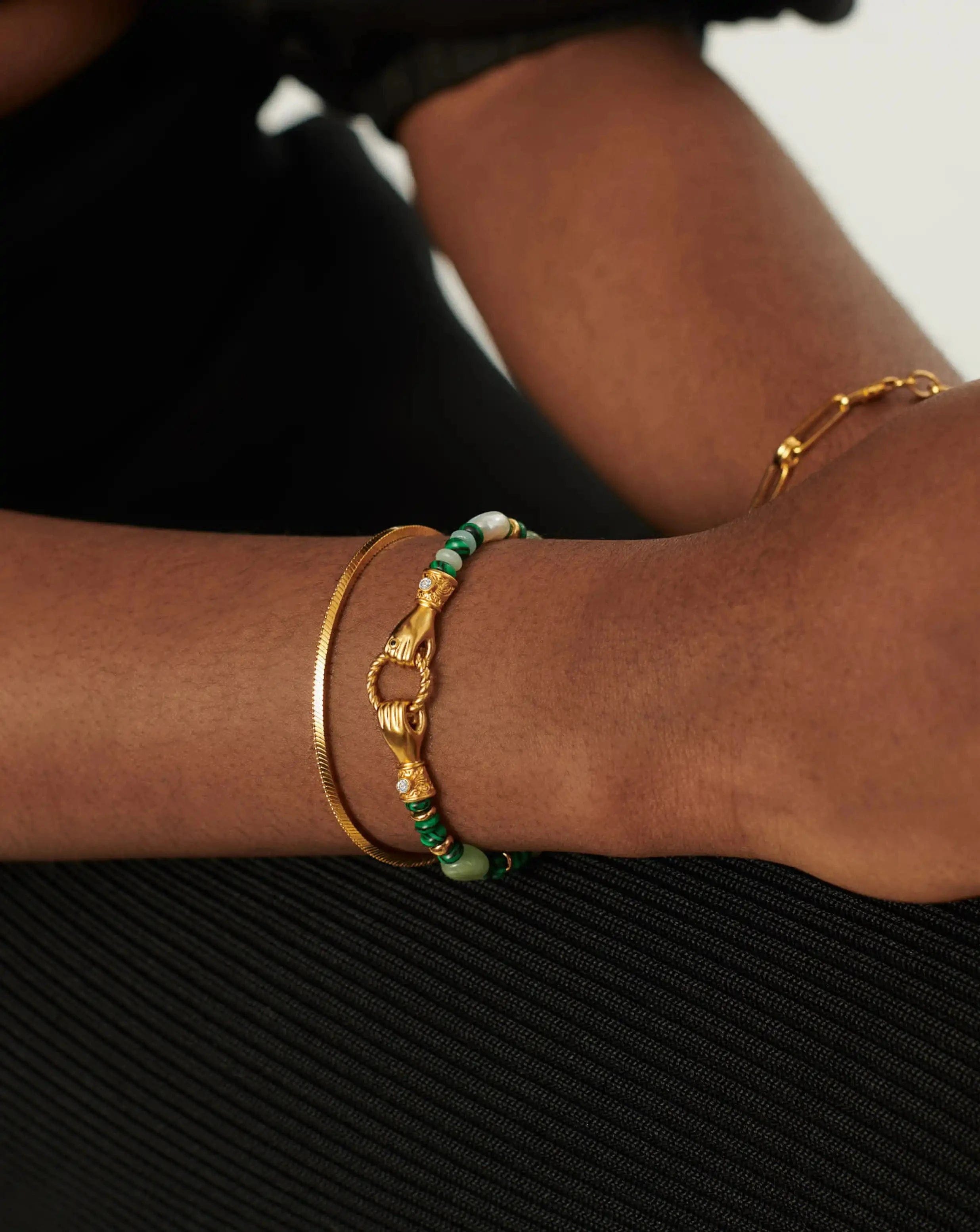 Pearl Harris Reed In Good Hands Beaded Gemstone Bracelet | 18ct Gold Plated/Multi Green Gemstone & Pearl