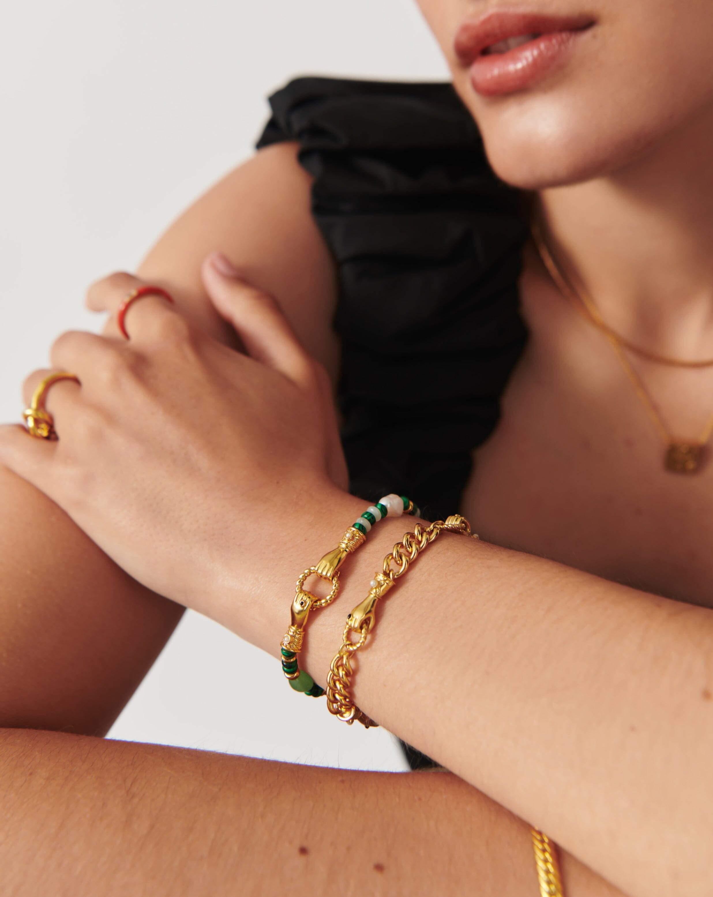 Pearl Harris Reed In Good Hands Beaded Gemstone Bracelet | 18ct Gold Plated/Multi Green Gemstone & Pearl