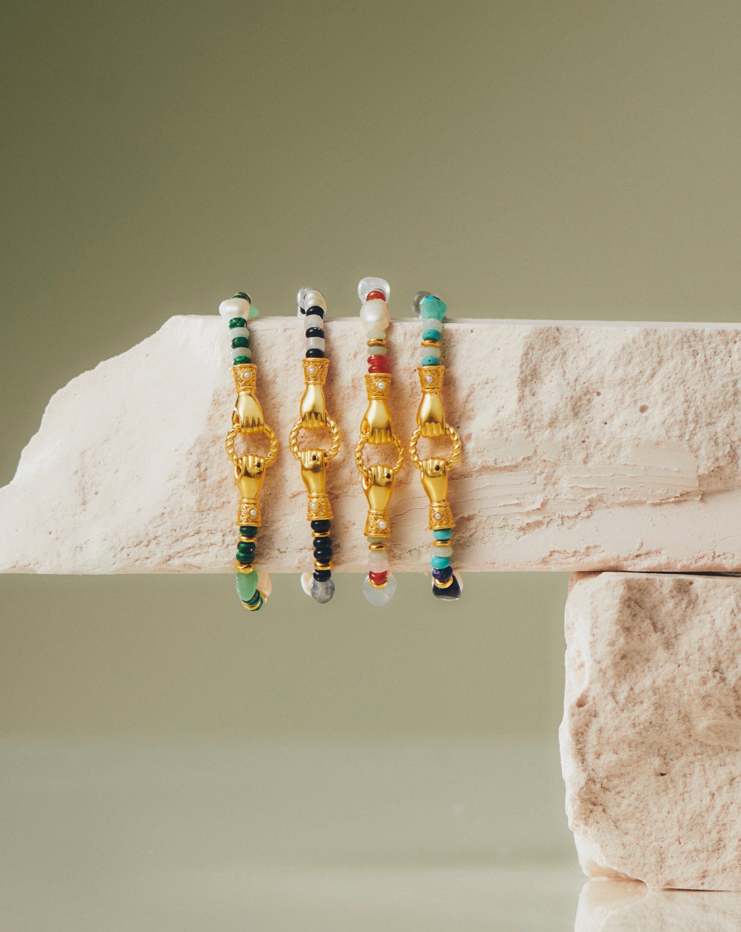 Pearl Harris Reed In Good Hands Beaded Gemstone Bracelet | 18ct Gold Plated/Multi Green Gemstone & Pearl