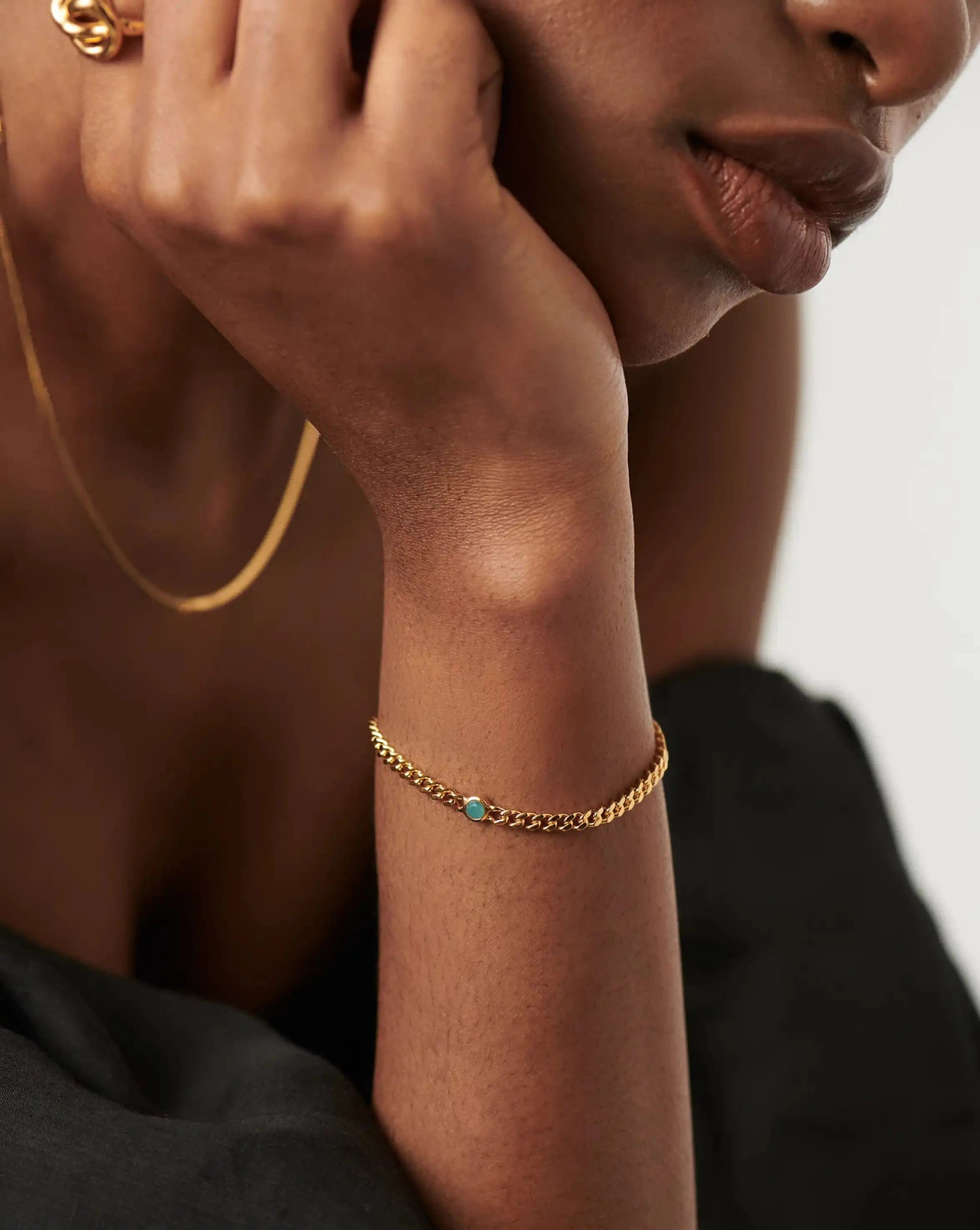 Aqua March Birthstone Chain Bracelet | 18ct Gold Plated Vermeil/Aqua Chalcedony