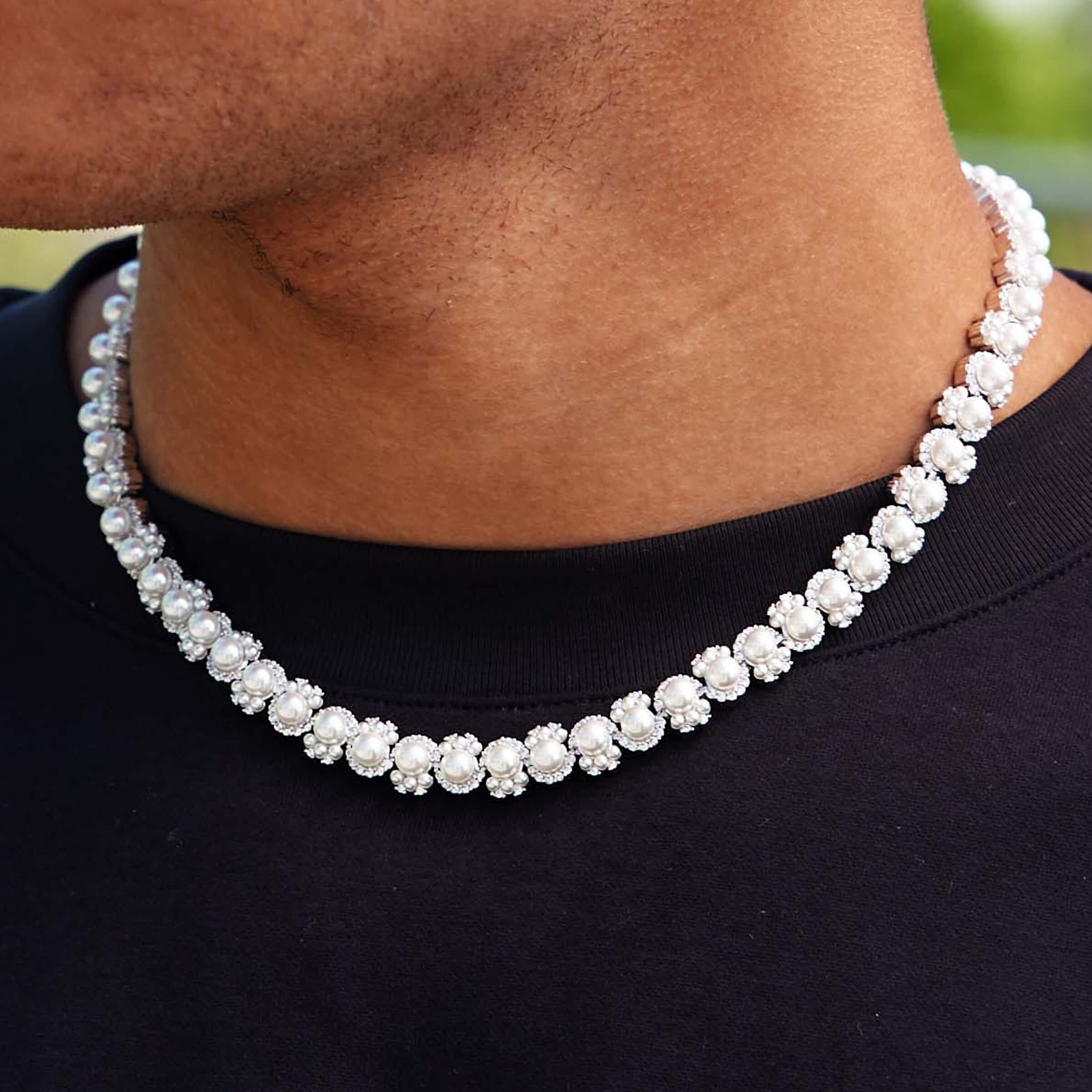 GLD Men Pearl Clustered Chain in White Gold - 10 mm