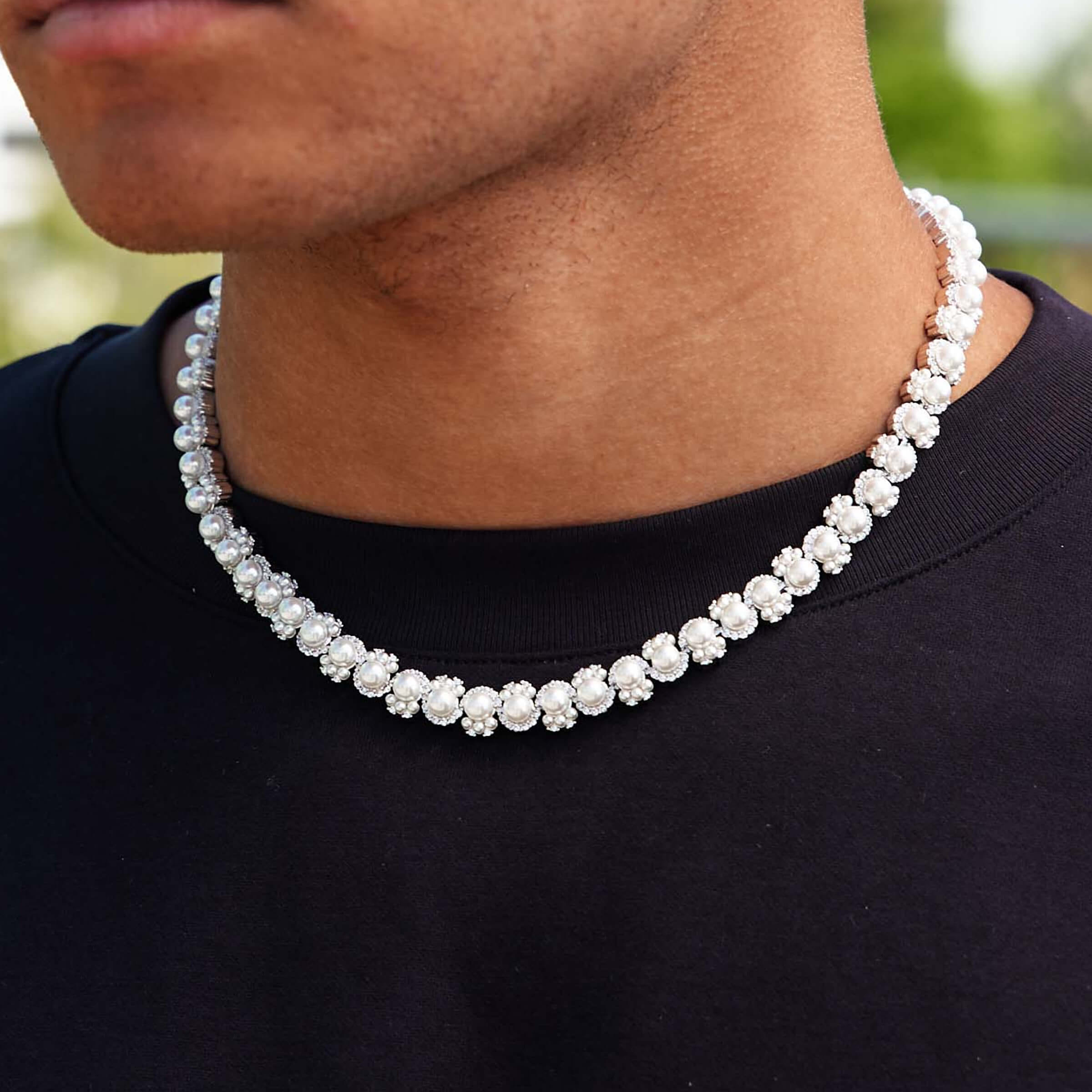 GLD Men Pearl Clustered Chain in White Gold - 10 mm