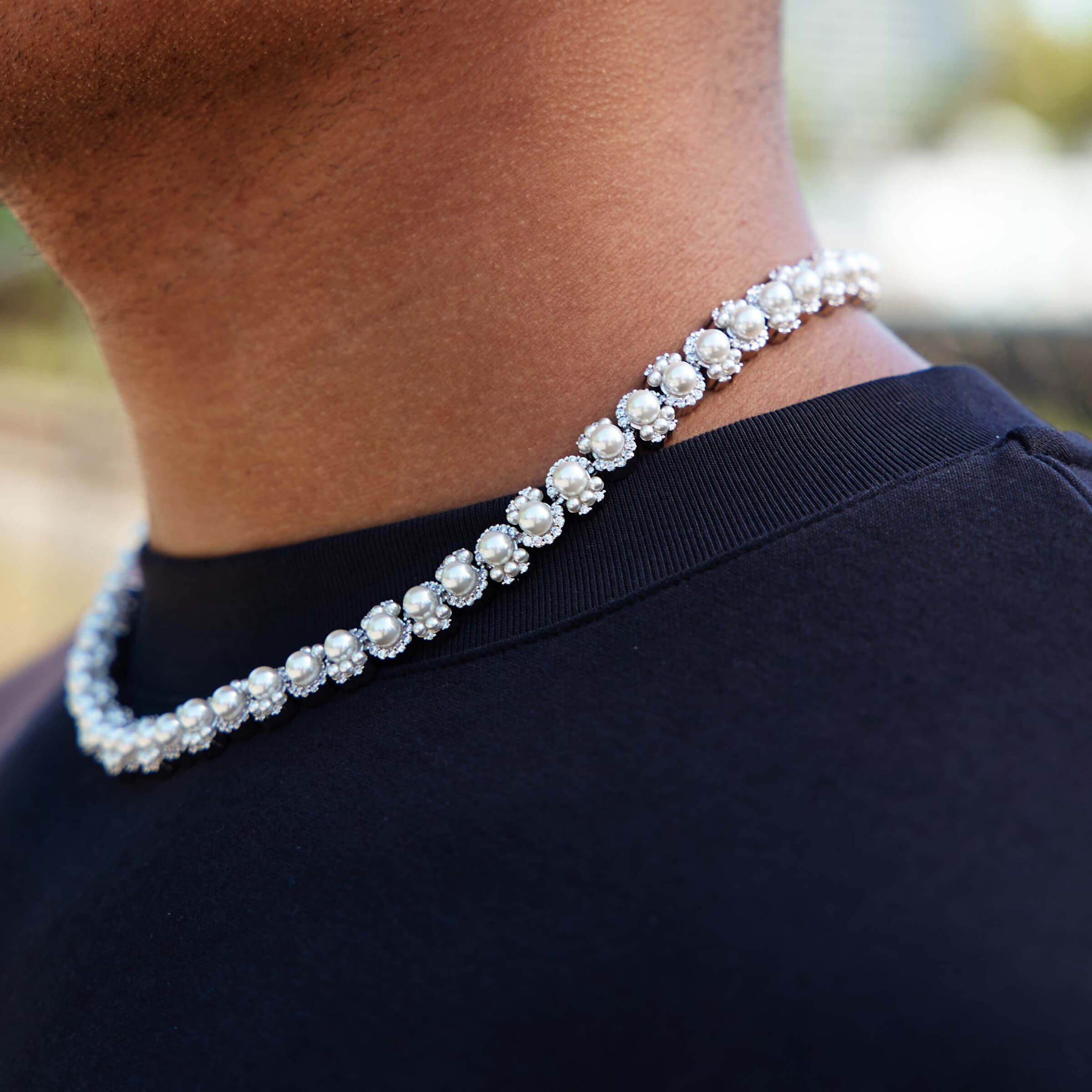 GLD Men Pearl Clustered Chain in White Gold - 10 mm