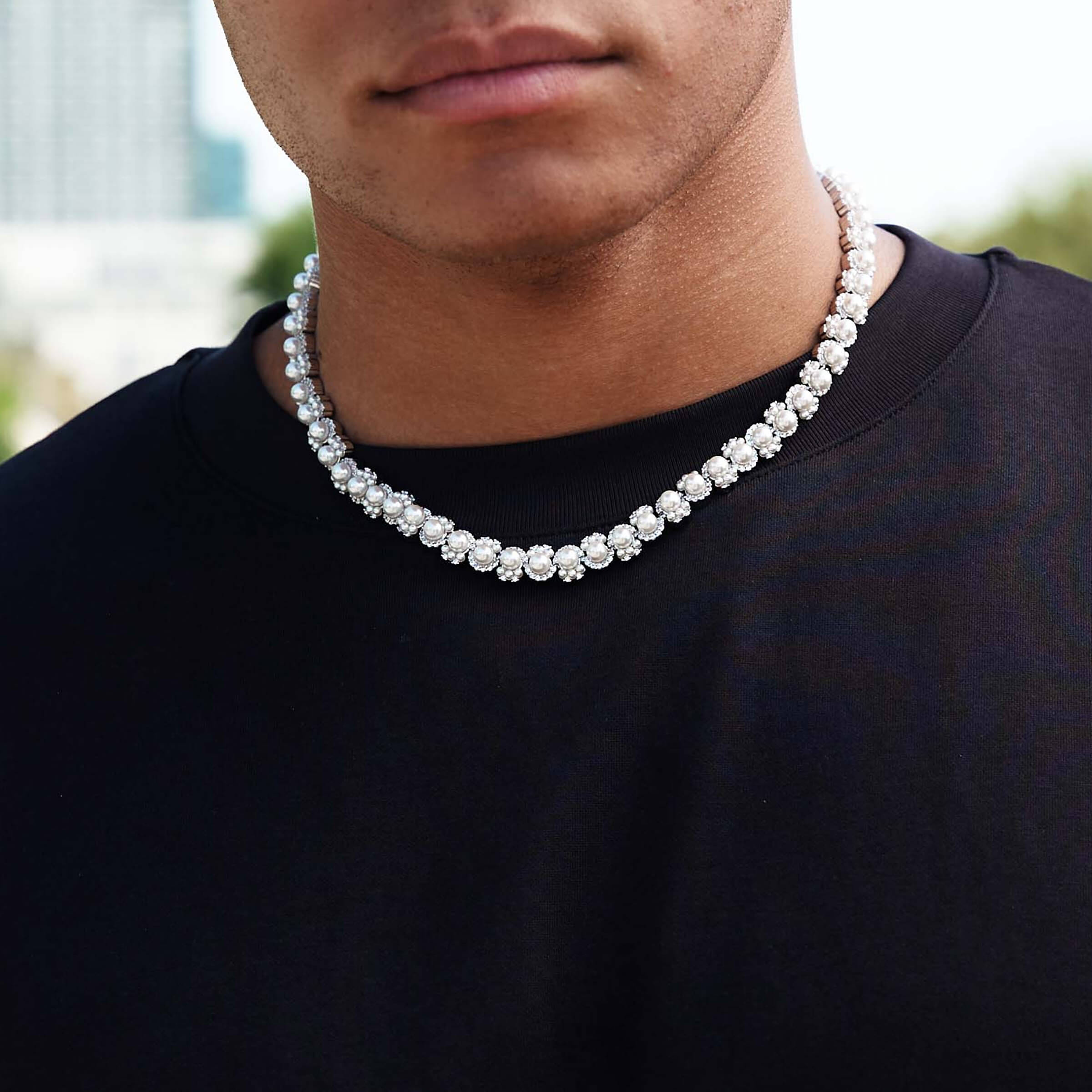 GLD Men Pearl Clustered Chain in White Gold - 10 mm