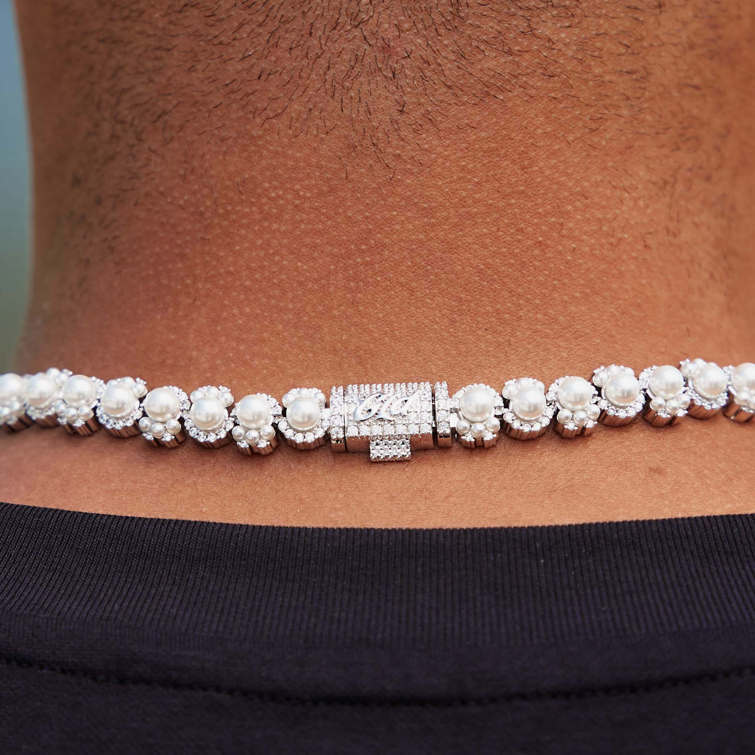 GLD Men Pearl Clustered Chain in White Gold - 10 mm