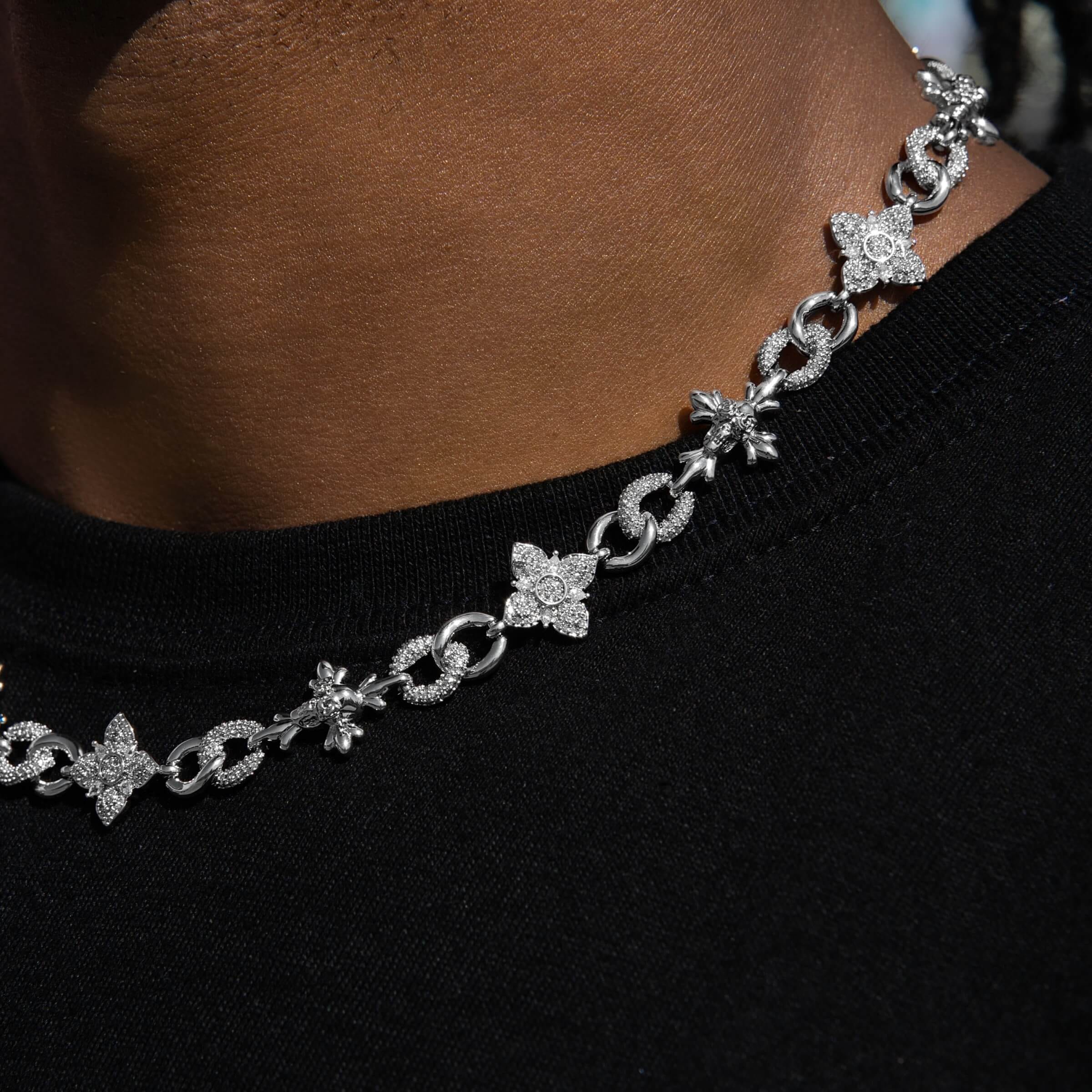 GLD Men Iced Cruciform Flower Skull Cross Chain in White Gold