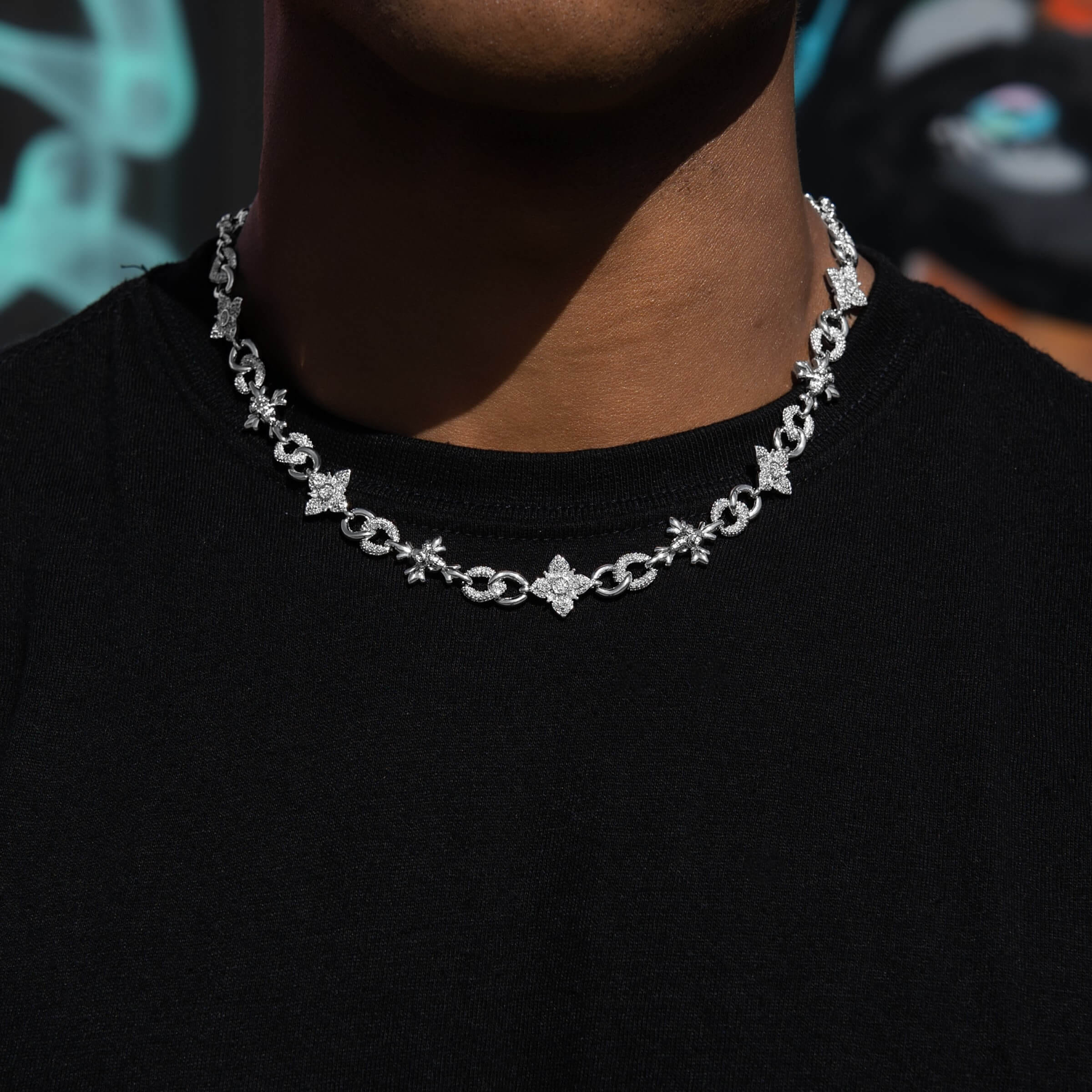 GLD Men Iced Cruciform Flower Skull Cross Chain in White Gold
