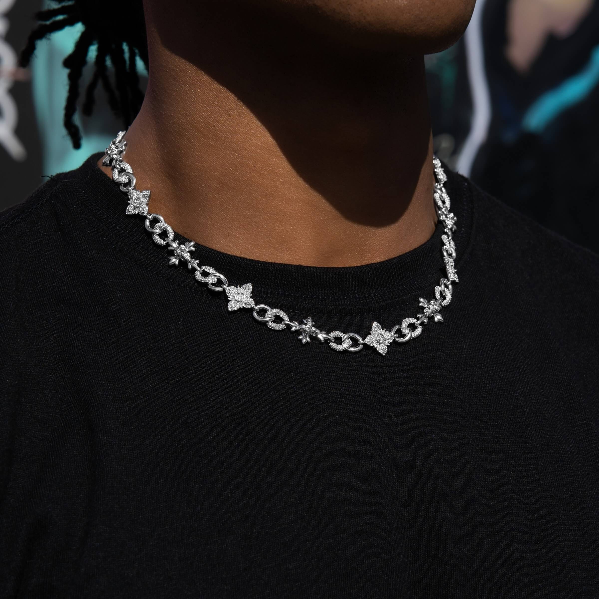GLD Men Iced Cruciform Flower Skull Cross Chain in White Gold