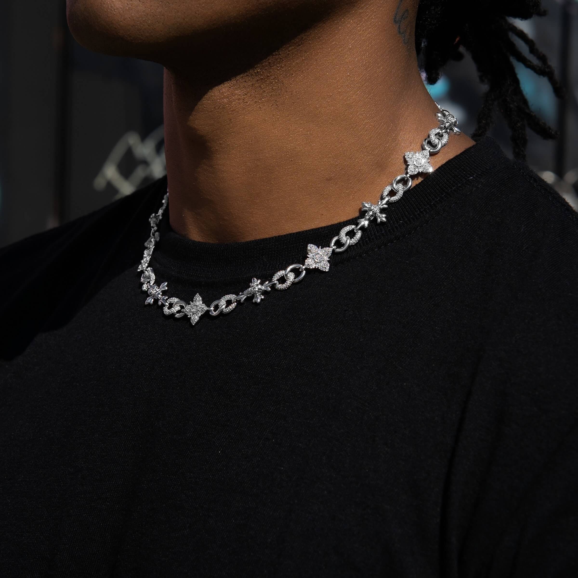 GLD Men Iced Cruciform Flower Skull Cross Chain in White Gold