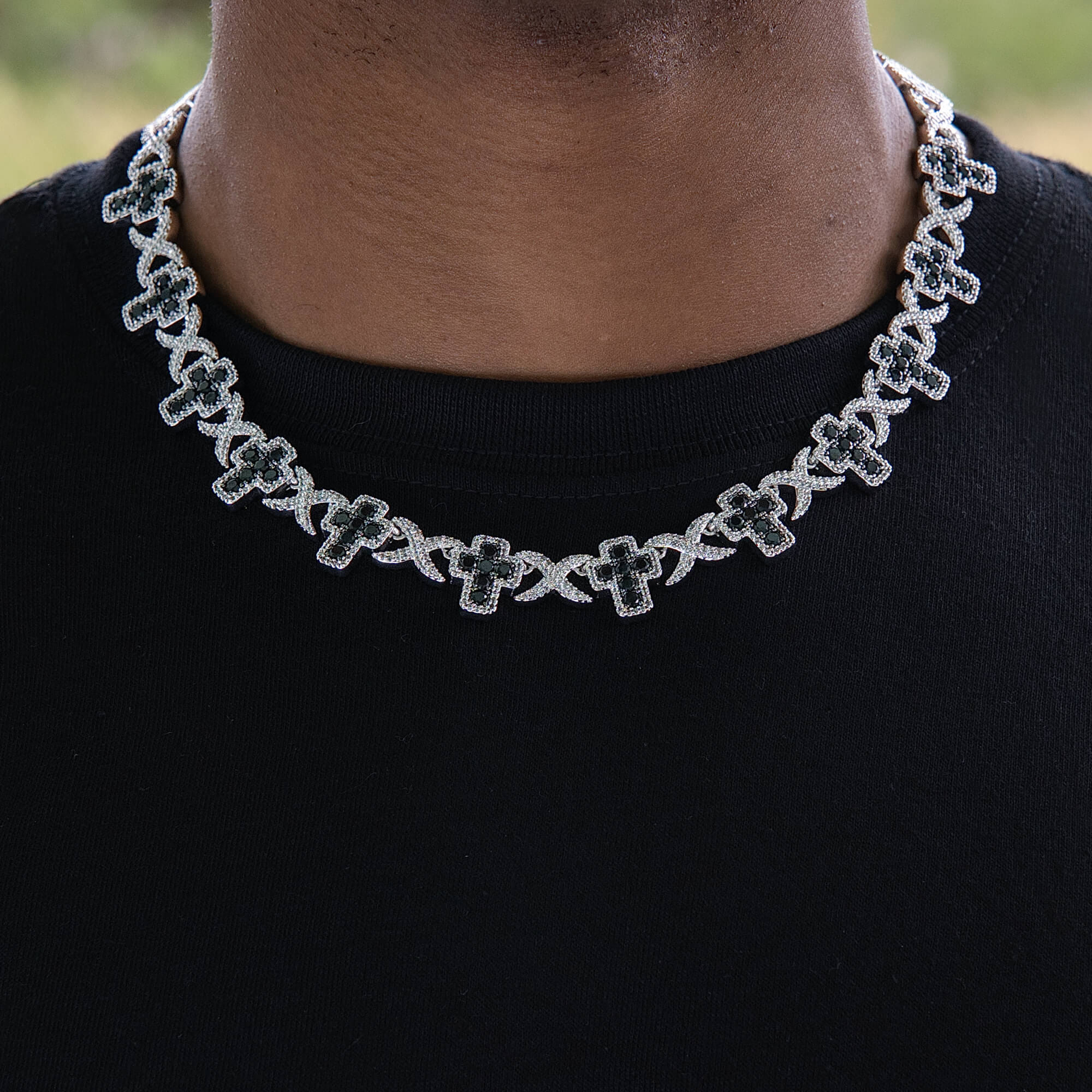 GLD Men Diamond Multi Cross Black Necklace in White Gold