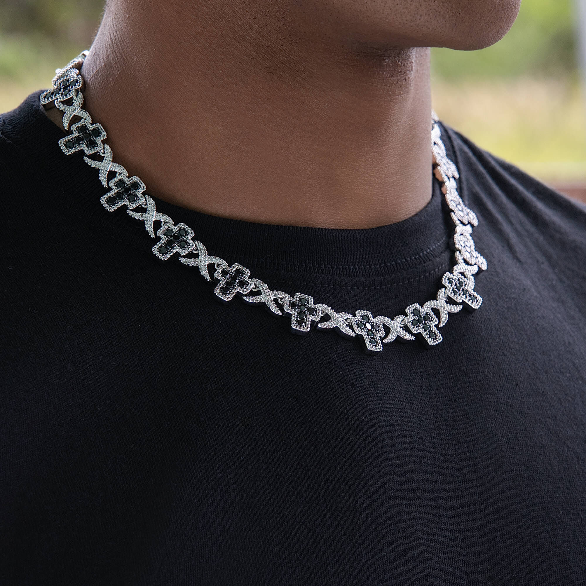 GLD Men Diamond Multi Cross Black Necklace in White Gold