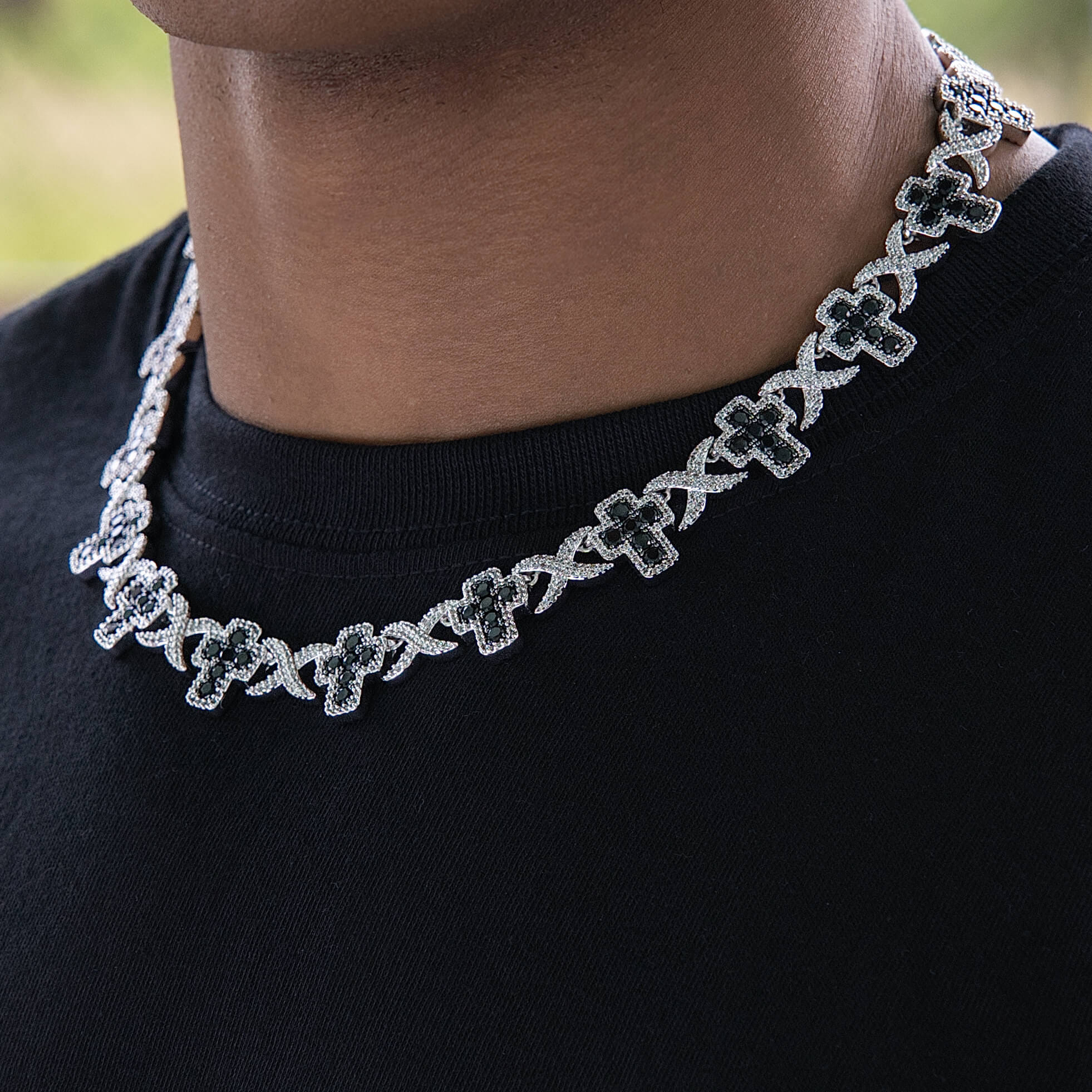 GLD Men Diamond Multi Cross Black Necklace in White Gold