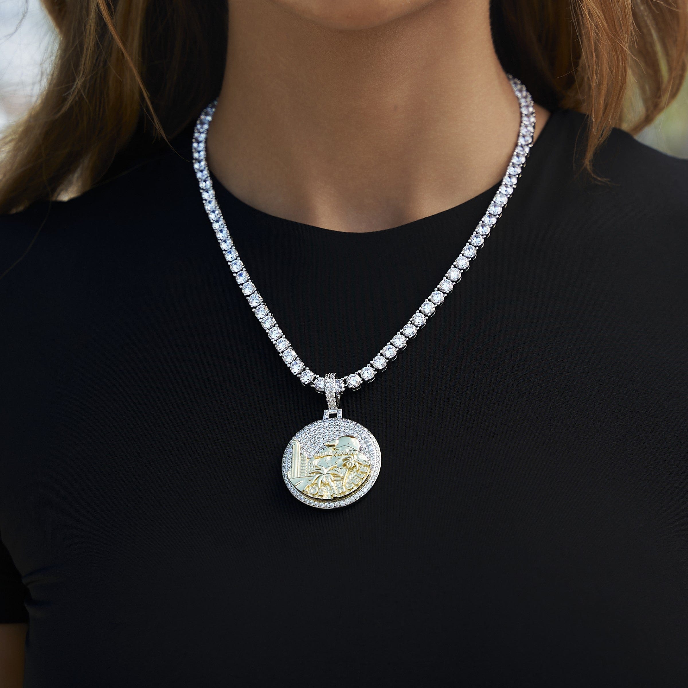GLD Women Iced LA Pendant in White Gold