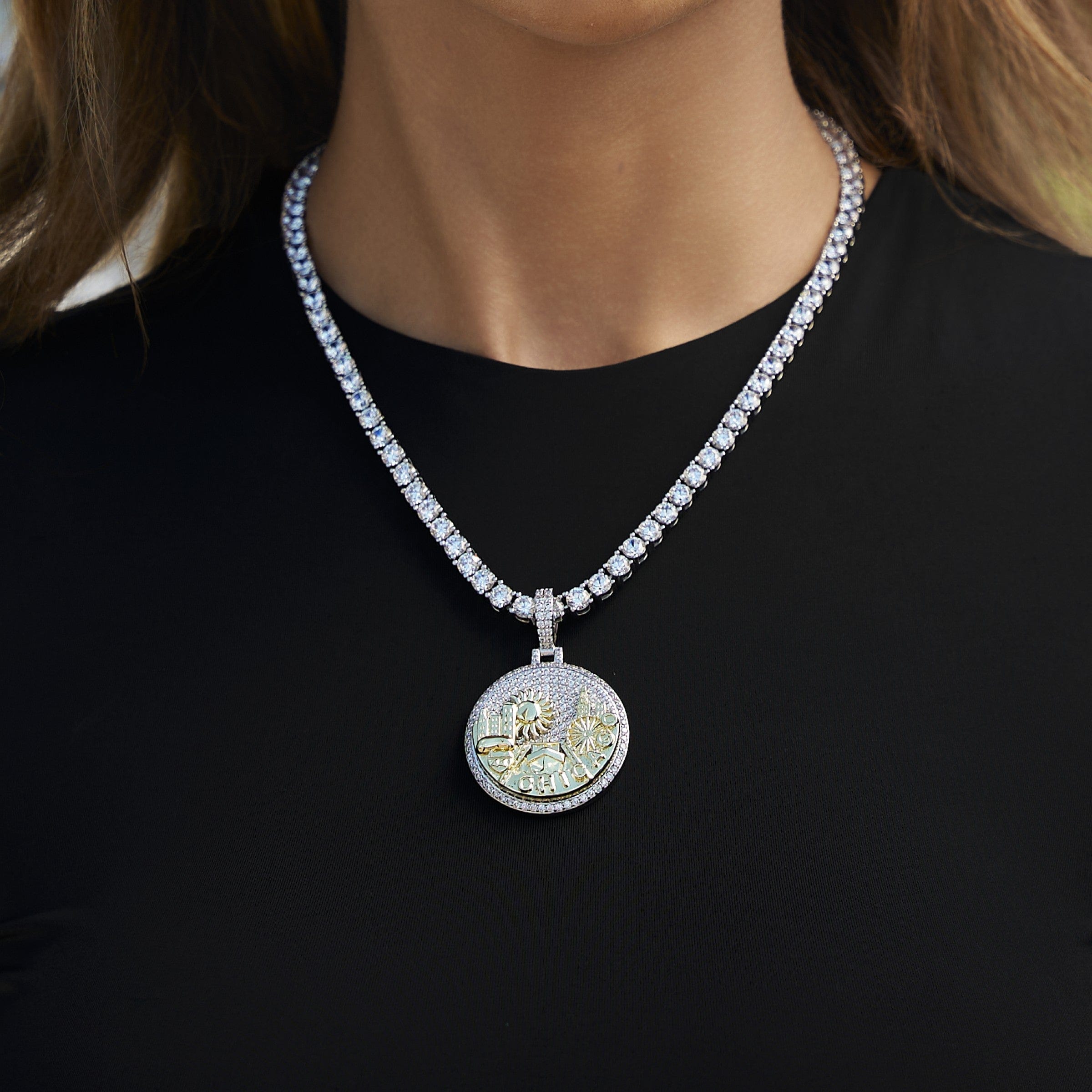 GLD Women Iced Chicago Pendant in White Gold