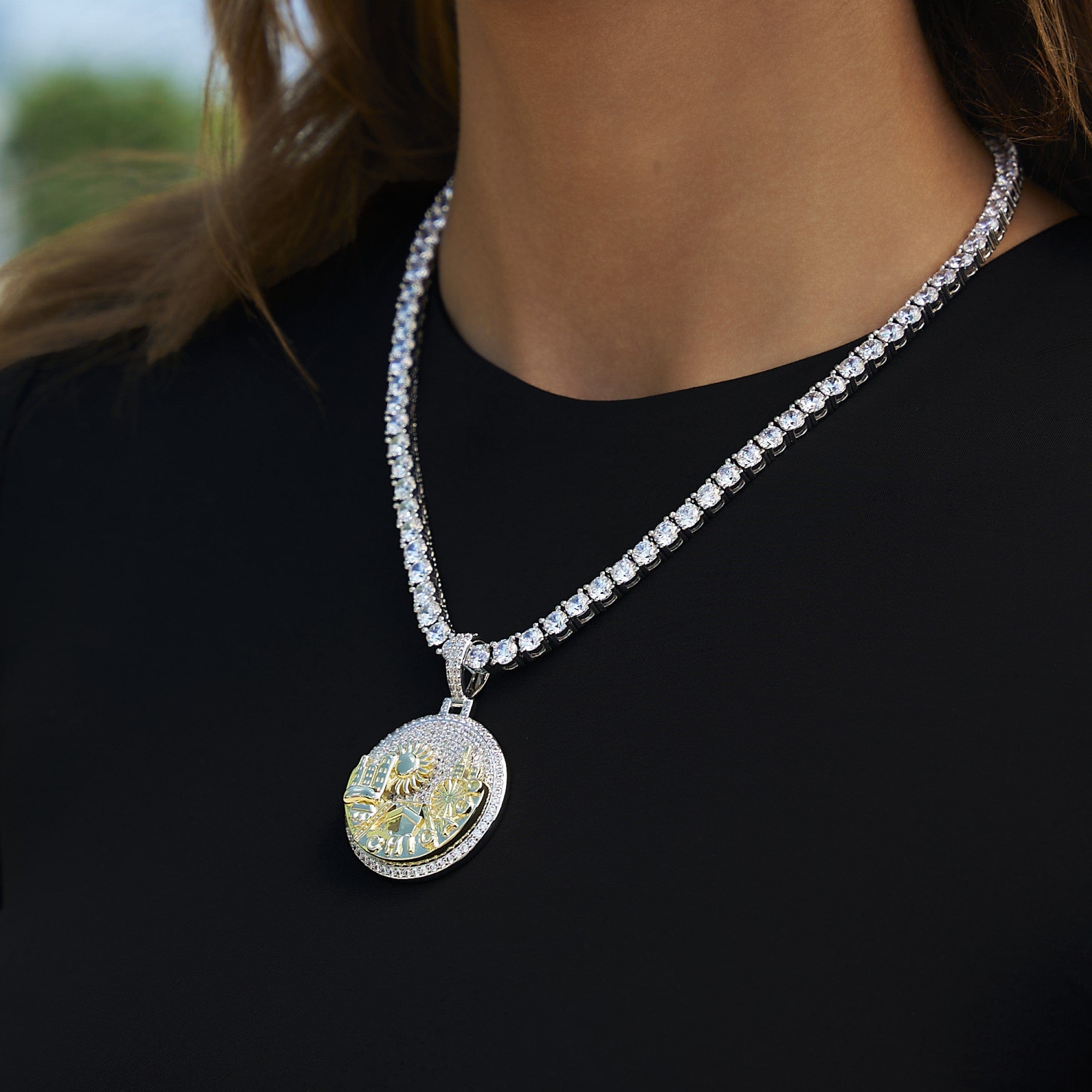 GLD Women Iced Chicago Pendant in White Gold