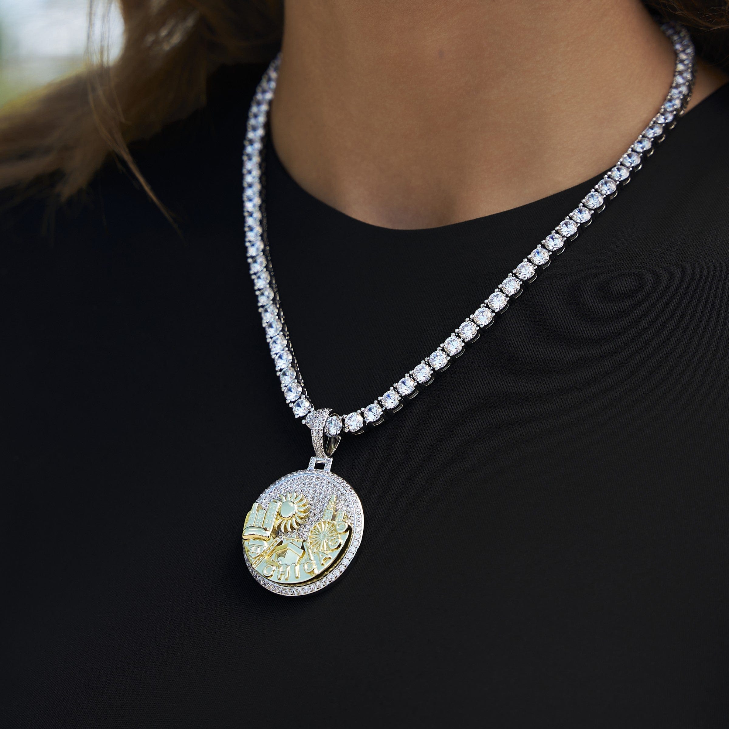 GLD Women Iced Chicago Pendant in White Gold